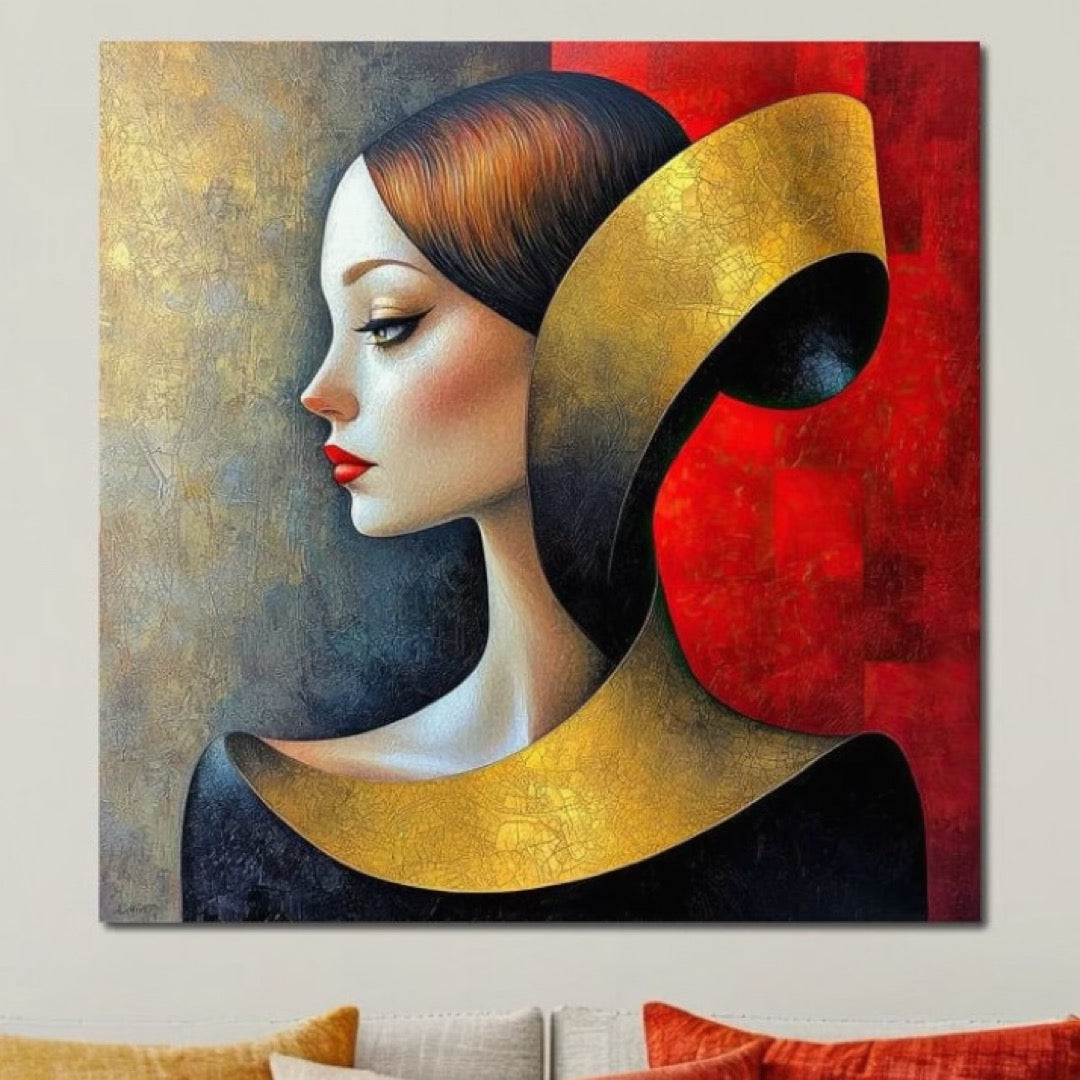 Tablou Canvas Premium, LuxCanva® G1123, Tacerea Geometrica, Femeie, Profil, Aur, Rosu, Arta, Expozitie, Abstract, Geometrie, Tacere, Living, Dormitor