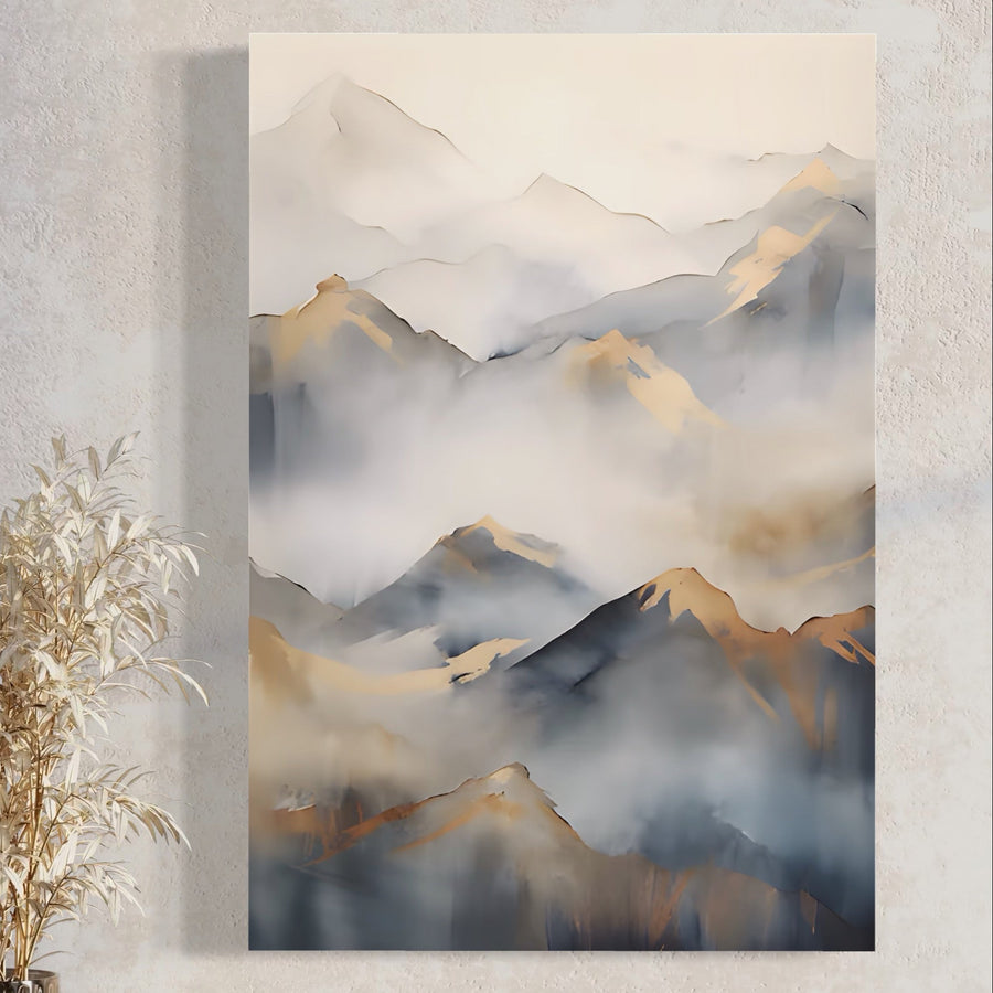 Tabloul Tablou Canvas Premium A1446 de la LuxCanva®, cu vârfuri montane aurii vibrante, adaugă eleganță decorului camerei dvs. de zi. Afișat pe un perete texturat cu iarbă ornamentală uscată, acesta îmbunătățește orice spațiu cu designul său exclusiv de inspirație naturală.