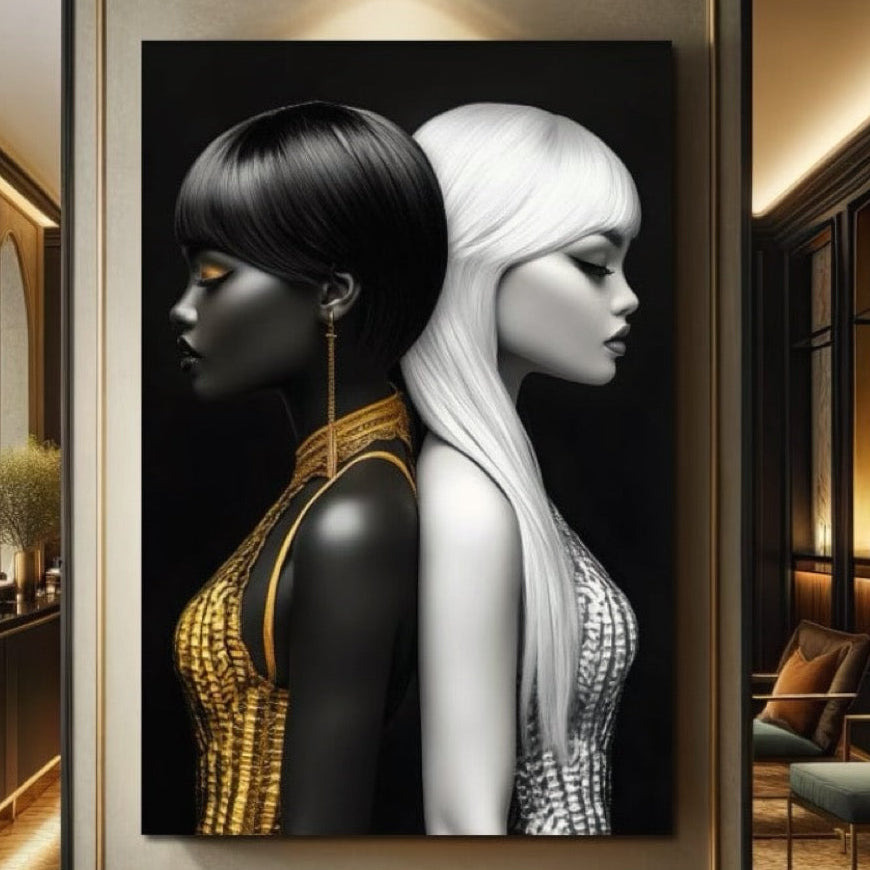 Tablou Canvas Premium, LuxCanva® G1124, Lumini si Umbre, Contrast, Alb, Negru, Dualitate, Feminina, Argint, Yin, Yang, Aur, Fete, Living, Dormitor