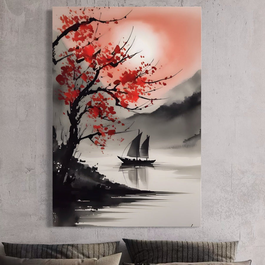 Tablou Canvas Premium LuxCanva® A1444, cu barcă pe apă liniștită, munți în ceață și copac cu flori roșii, stil minimalist asiatic. Ideal pentru living sau dormitor. Printat pe pânză bumbac premium de brandul LuxCanva®.