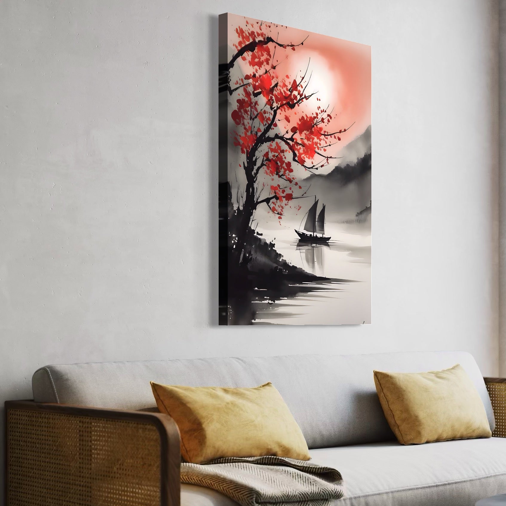 Tablou Canvas Premium LuxCanva® A1444, Plimbare Sub Clar De Luna , Living, Barca, Copac, Flori Rosii, Decorativ, Dormitor, Culori Vibrante