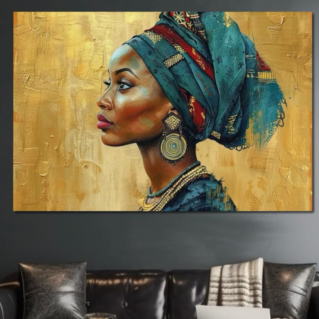 Tablou Canvas Premium, LuxCanva® G1126, Regina din Nisipuri, African, Regal, Turban, Traditie, Cultura, Identitate, Gold, Etnic, Mostenire, Living, Dormitor