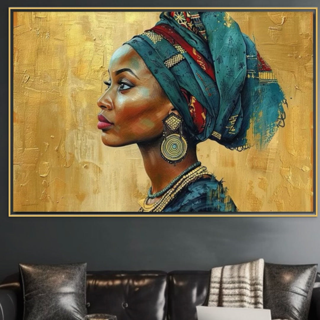 Leinwand Premium Canvas Wandkunst, LuxCanva® G1126, Königin des Sandes, Afrikanisch, Königlich, Turban, Tradition, Kultur, Identität, Gold, Ethnisch, Erbstück, Wohnen, Schlafzimmer