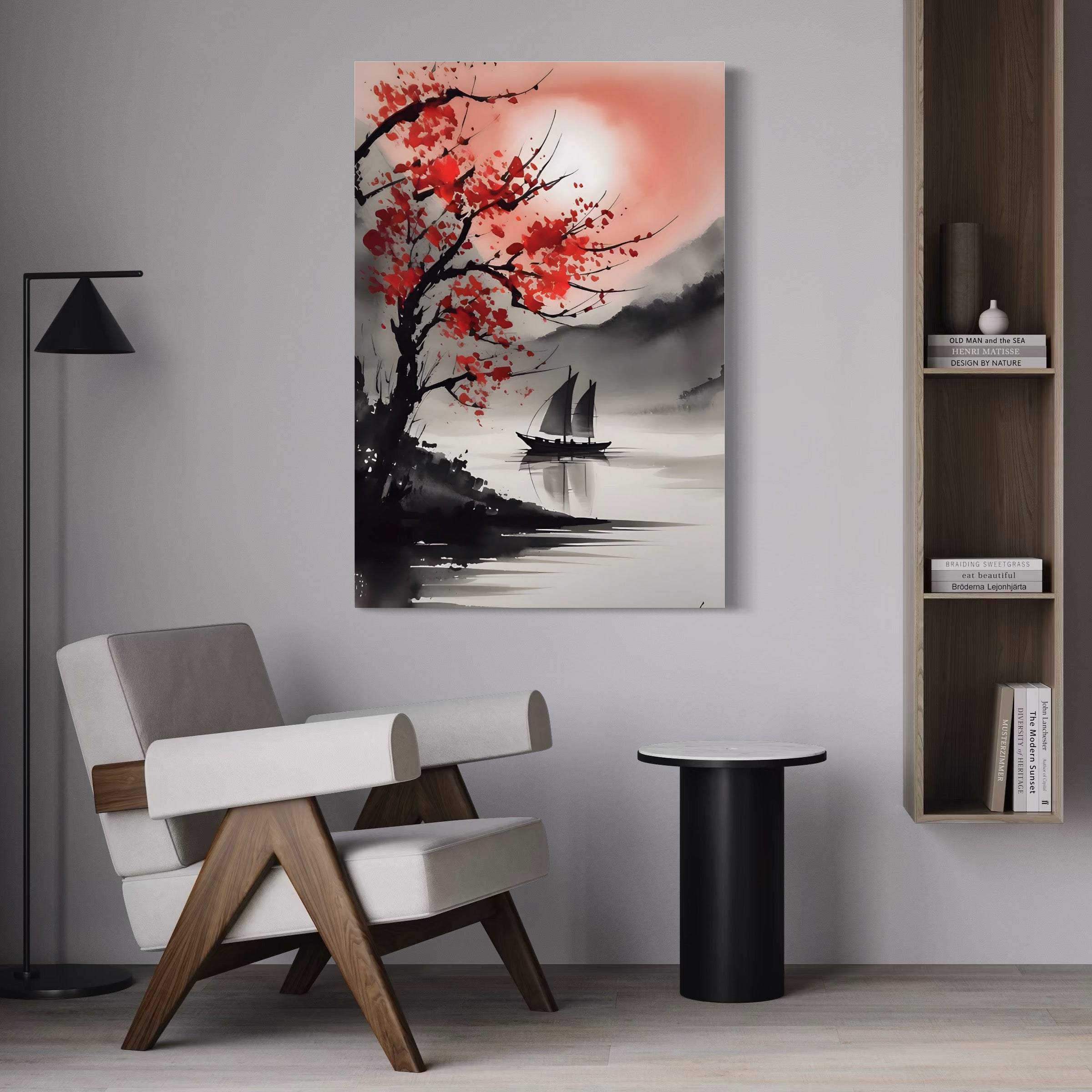 Tablou Canvas Premium LuxCanva® A1444, Plimbare Sub Clar De Luna , Living, Barca, Copac, Flori Rosii, Decorativ, Dormitor, Culori Vibrante