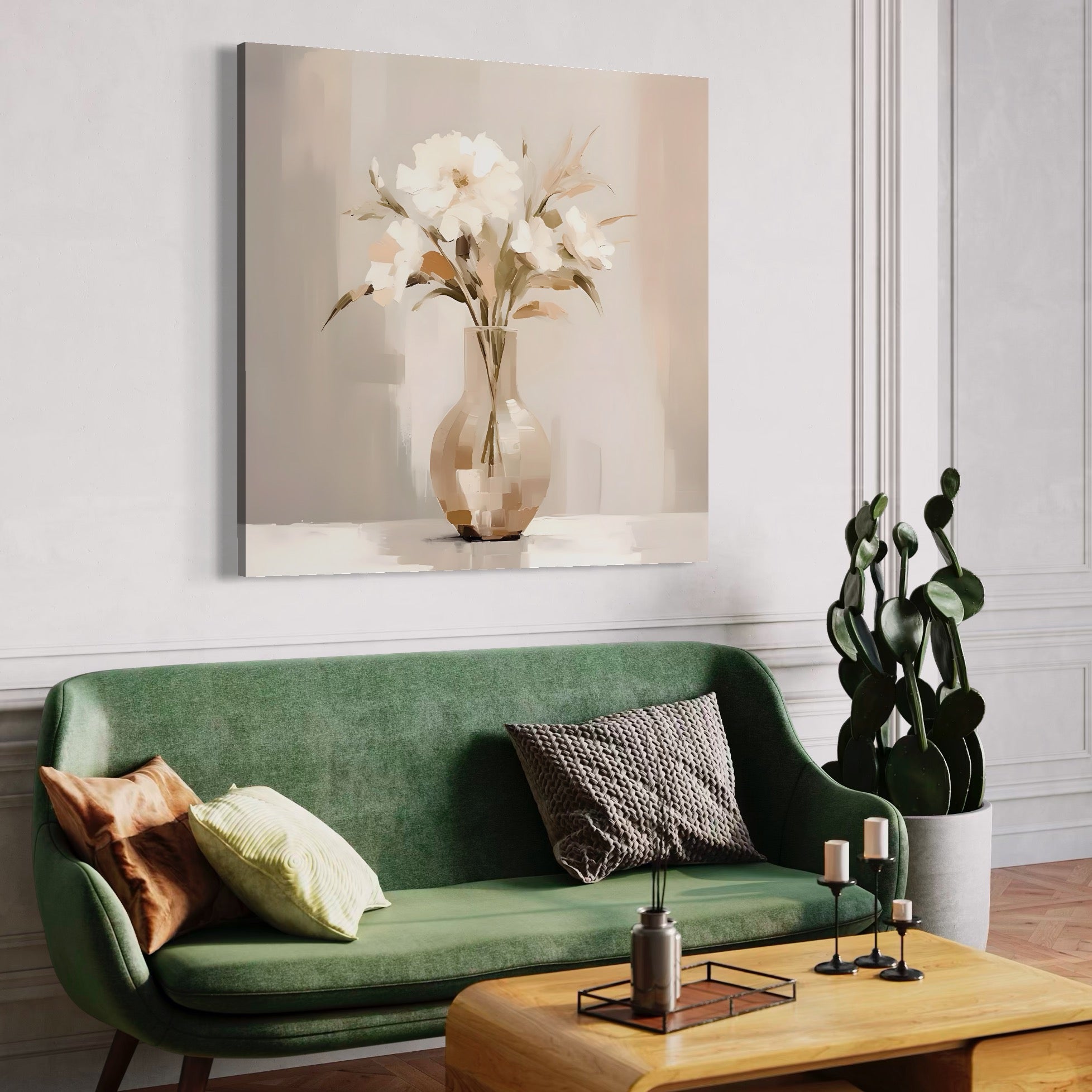 Tablou Canvas Premium LuxCanva® A1443, Calmul Florilor , Living, Alb, Vaza, Natura, Planta, Decorativ, Culori Vibrante