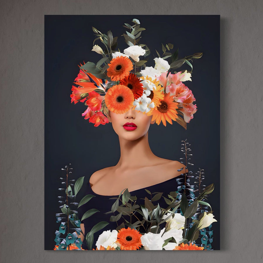 O femeie cu buze roșii vibrante poartă o coafură florală care îi acoperă ochii, înconjurată de flori colorate și verdeață pe un fundal întunecat. Tablou Canvas Premium LuxCanva® A1451 adaugă eleganță decorativă spațiului dvs. de locuit.