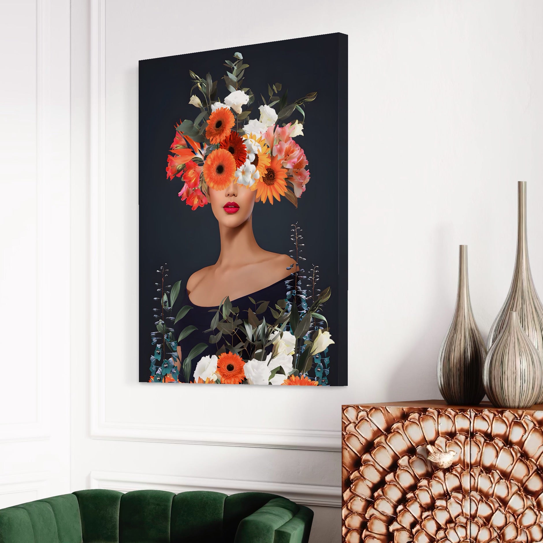 Tablou Canvas Premium LuxCanva® A1451, Vestimentatie Florala , Decorativ, Living, Femeie, Coronita, Culori Florale, Culori Vibrante