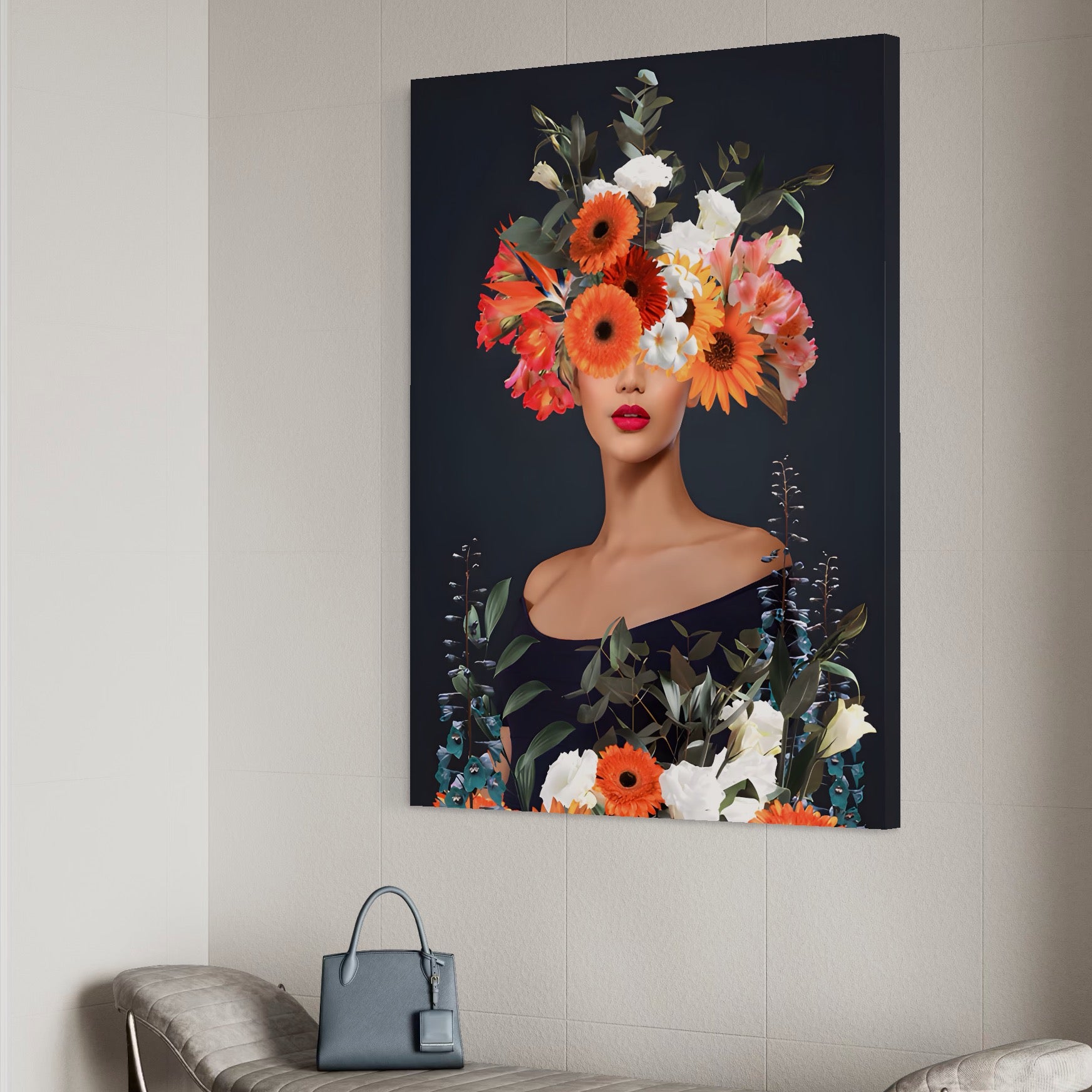 Tablou Canvas Premium LuxCanva® A1451, Vestimentatie Florala , Decorativ, Living, Femeie, Coronita, Culori Florale, Culori Vibrante