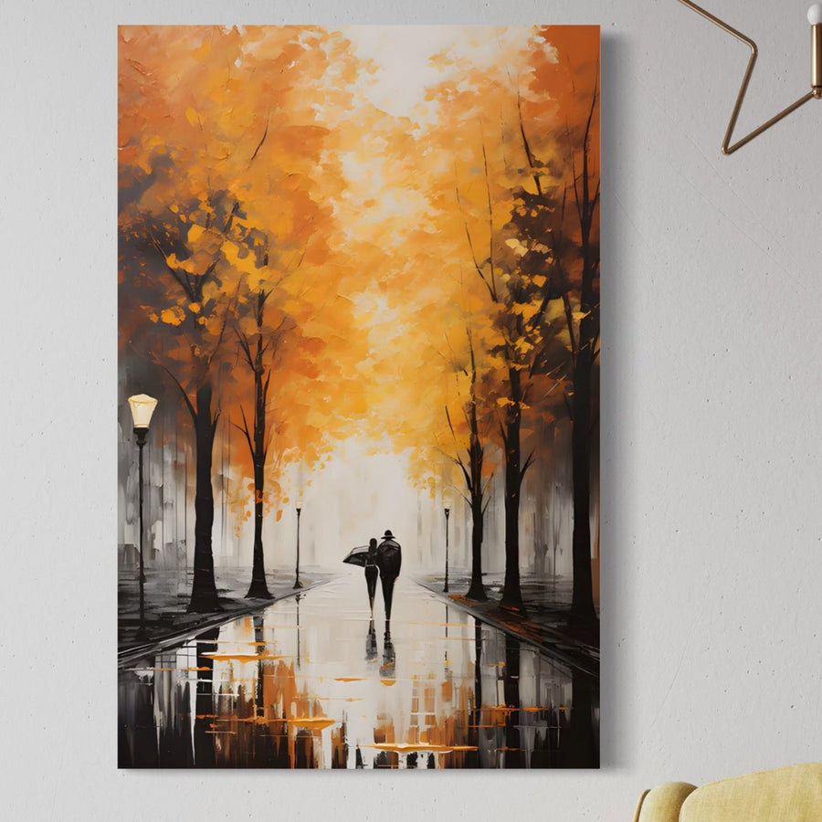 Tablou Canvas Premium LuxCanva® A1447 Plimbare De Toamna surprinde un cuplu romantic sub umbrele pe o alee de toamnă, cu frunze portocalii și galbene vibrante, aducând calitate premium și culoare în orice încăpere.