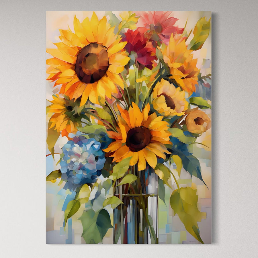 Tablou Canvas Premium A1449 de la LuxCanva® prezintă un buchet vibrant de floarea-soarelui și flori de primăvară în culori îndrăznețe, perfect pentru camerele de zi. Bucurați-vă de printuri de calitate și adăugați o notă proaspătă și plină de viață spațiului dvs. cu această operă de artă uimitoare.