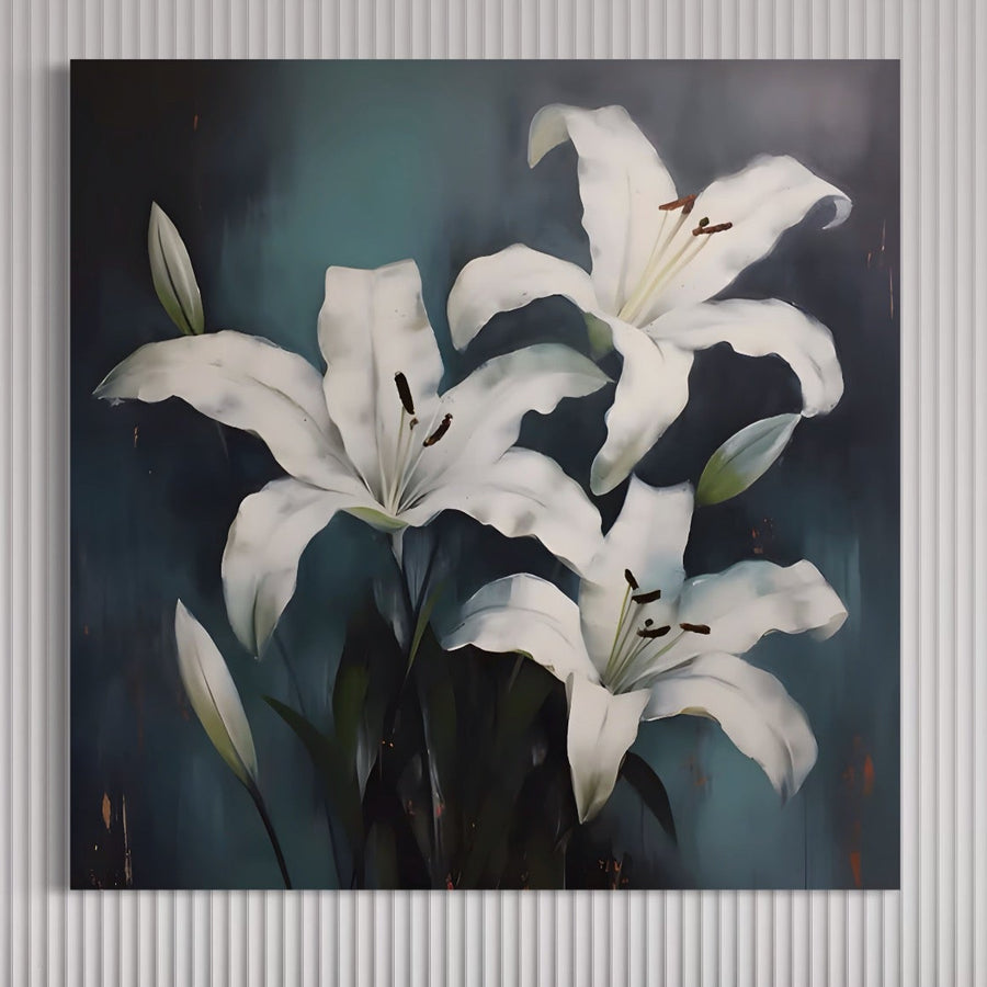 Un Tablou Canvas Premium LuxCanva® A1448 cu crini albi cu tulpini verzi pe un fundal gri-albastru decorează un perete alb, cu dungi verticale - o imprimare elegantă pe pânză panza made in Romania.