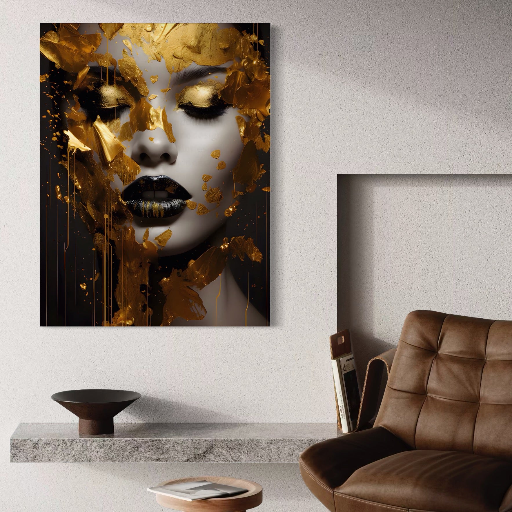 Tablou Canvas Premium LuxCanva® A1450, Privire Aurie , Decorativ, Living, Femeie, Gold, Foita De Aur, Culori Vibrante