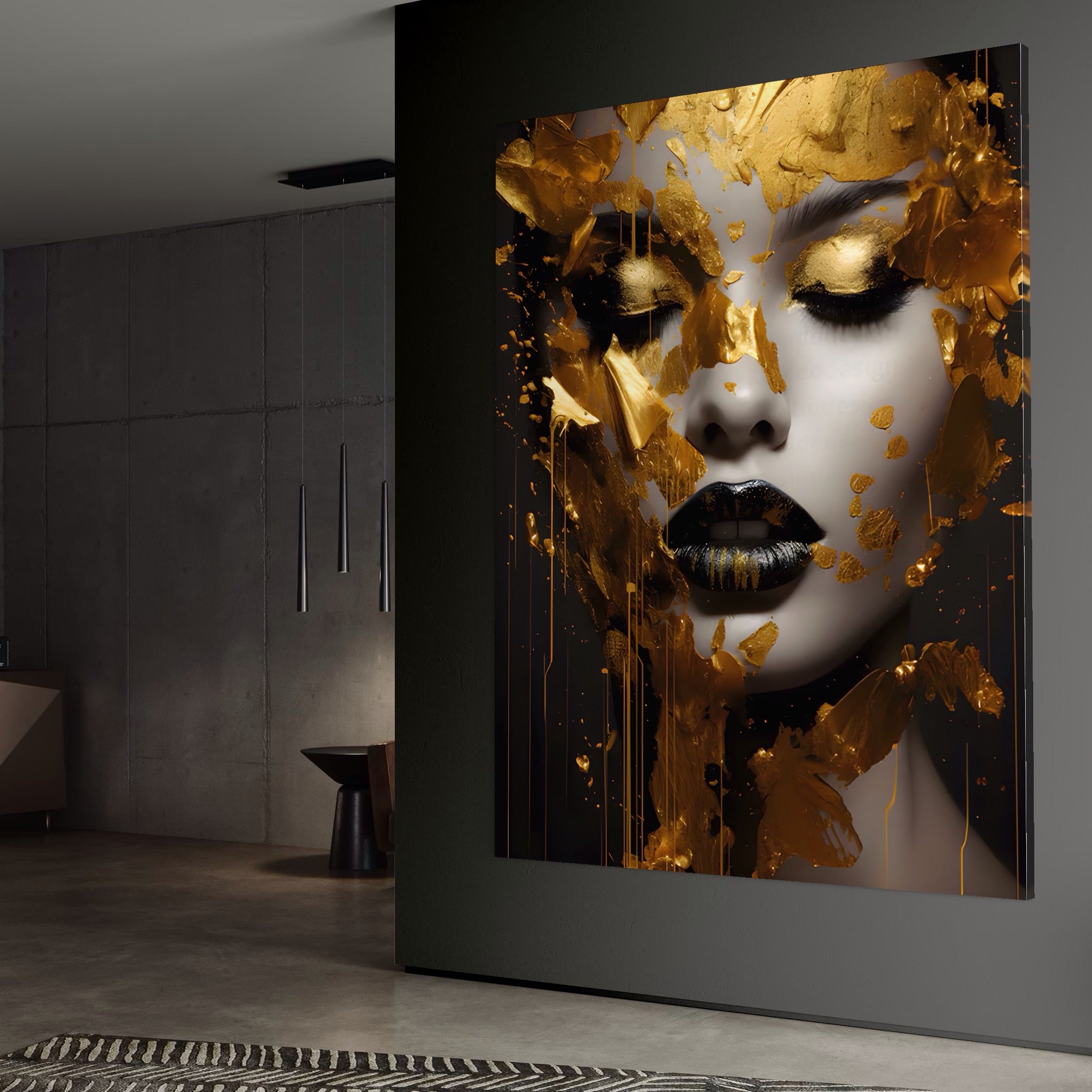 Tablou Canvas Premium LuxCanva® A1450, Privire Aurie , Decorativ, Living, Femeie, Gold, Foita De Aur, Culori Vibrante