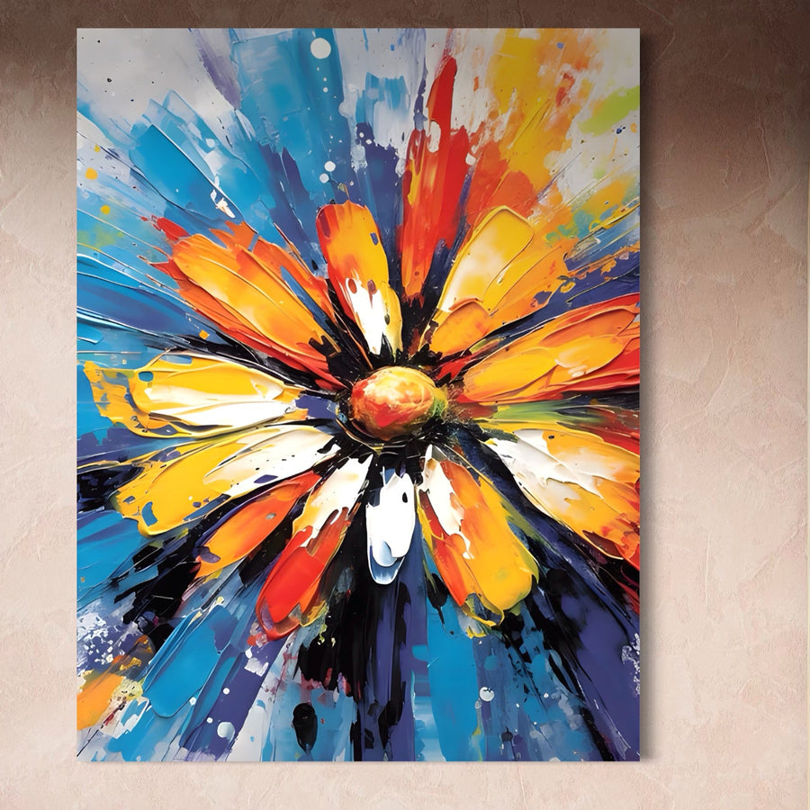 Tablou Canvas Premium LuxCanva® A1452, Revelatie Florala, cu petale portocalii, galbene, albe și albastre pe panza bumbac, adaugă energie și culoare unui perete bej. Un exemplu de printuri decorative de calitate pentru living.