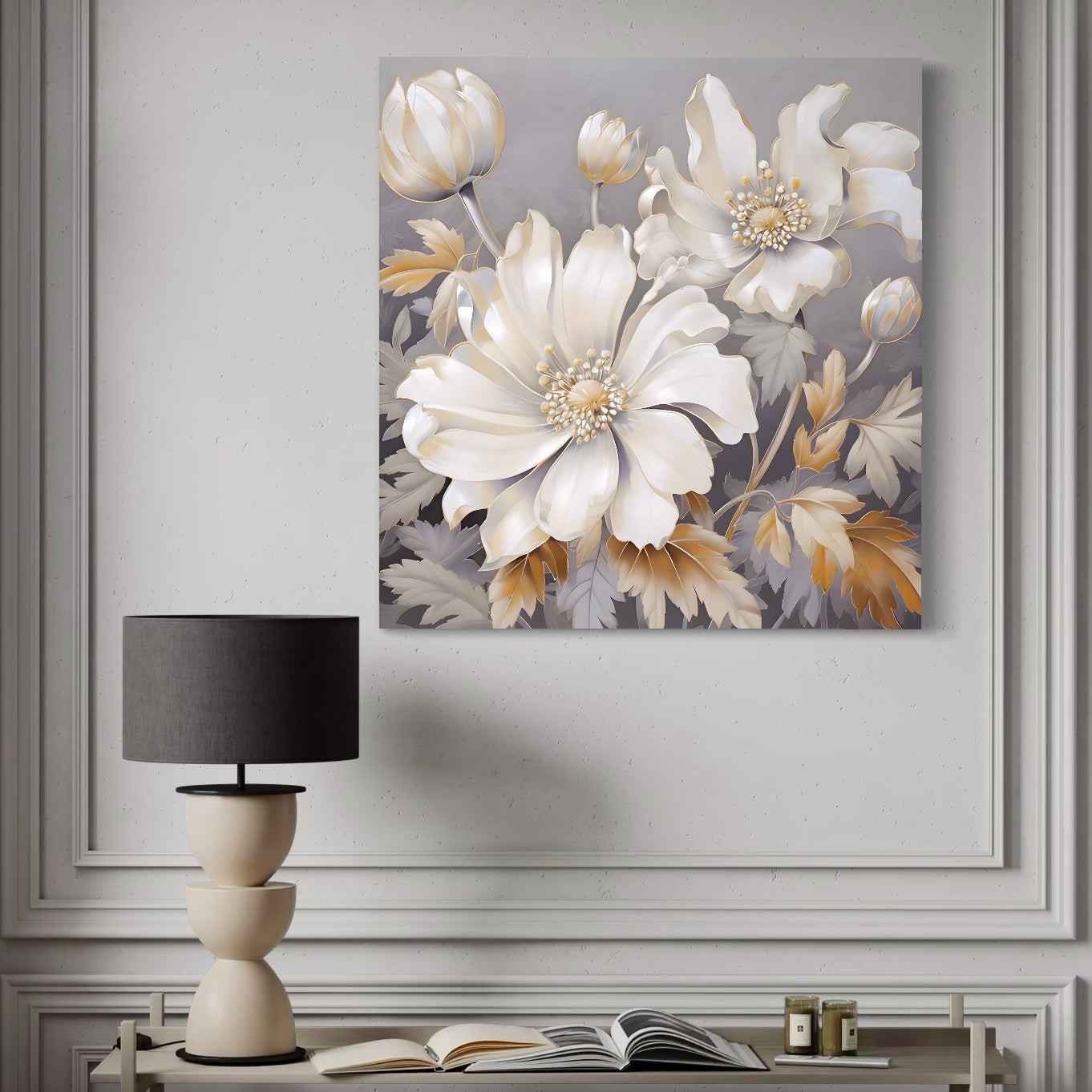 Tablou Canvas Premium LuxCanva® A1454, Vibratie Alba , Decorativ, Living, Flori, Bujori, Alb, Living, Culori Vibrante