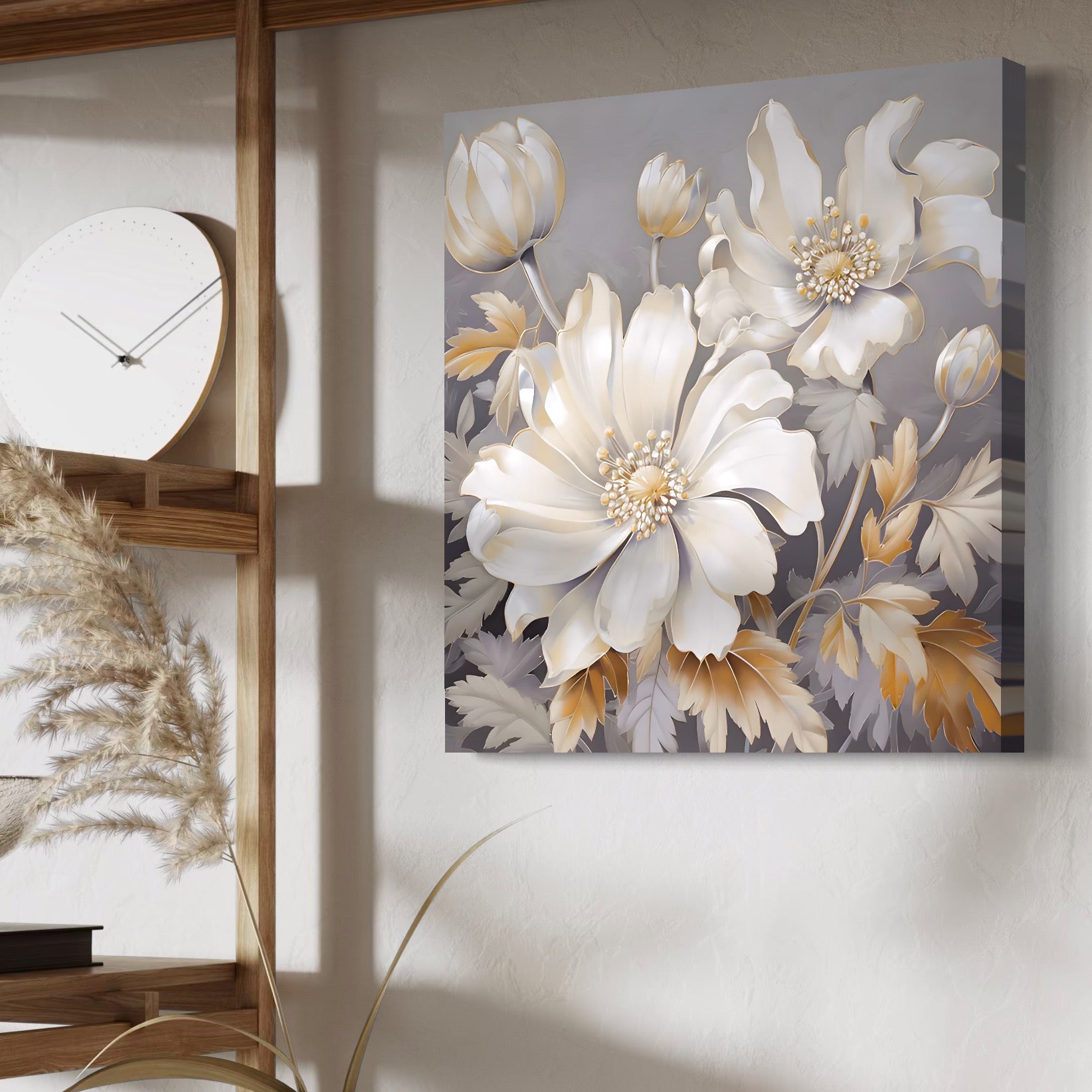 Tablou Canvas Premium LuxCanva® A1454, Vibratie Alba , Decorativ, Living, Flori, Bujori, Alb, Living, Culori Vibrante