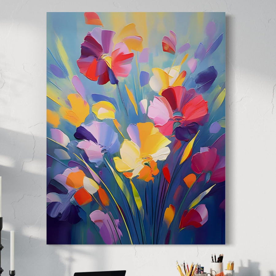 Adaugă un strop de culoare cu Tablou Canvas Premium LuxCanva® A1458, Luna Florilor - decorativ, cu buchet vibrant și plante, perfect pentru living. Print pe pânză bumbac de calitate de la LuxCanva®.