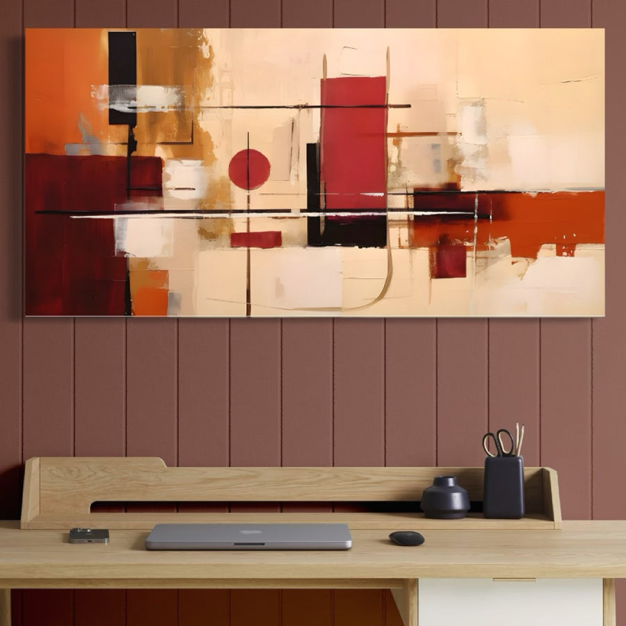 Un birou din lemn cu un laptop închis, un blocnotes și un decor este așezat pe un perete cu Tablou Canvas Premium C1247 Pictura Iluzie Abstracta LuxCanva® - o piesă atrăgătoare cu forme geometrice vibrante, perfectă pentru camerele de zi.