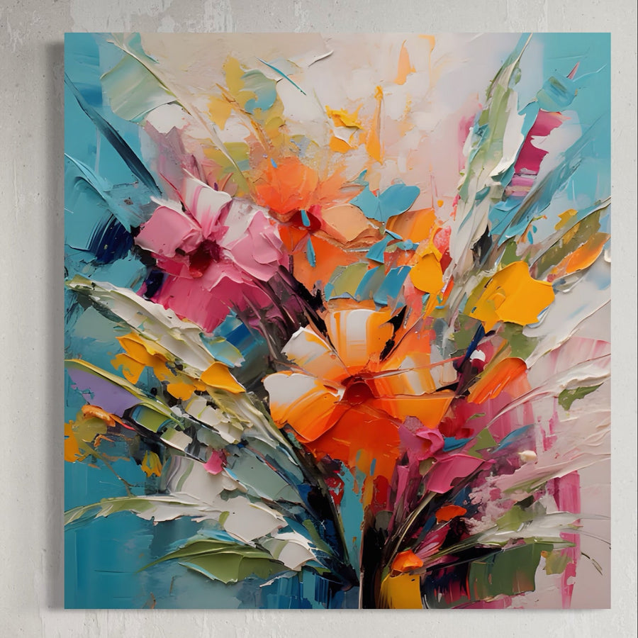 Adăugați un strop de culoare spațiului dvs. de locuit cu Tablou Canvas Premium LuxCanva® A1456, cu un buchet floral vibrant în portocaliu, roz, galben și alb pe un fundal albastru - decor perfect de la LuxCanva®.