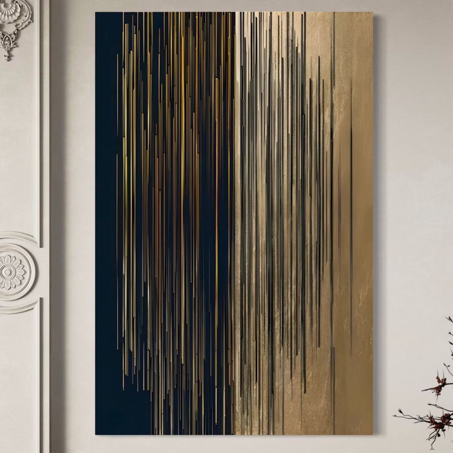 Tablou Canvas Premium LuxCanva® A1461, "Armonie Liniara", decorativ abstract cu linii aurii, negru și maro pe fundal închis, aduce un plus modern livingului tău. Print premium pe pânză bumbac, ideal pentru pereți luminoși cu profil elegant.