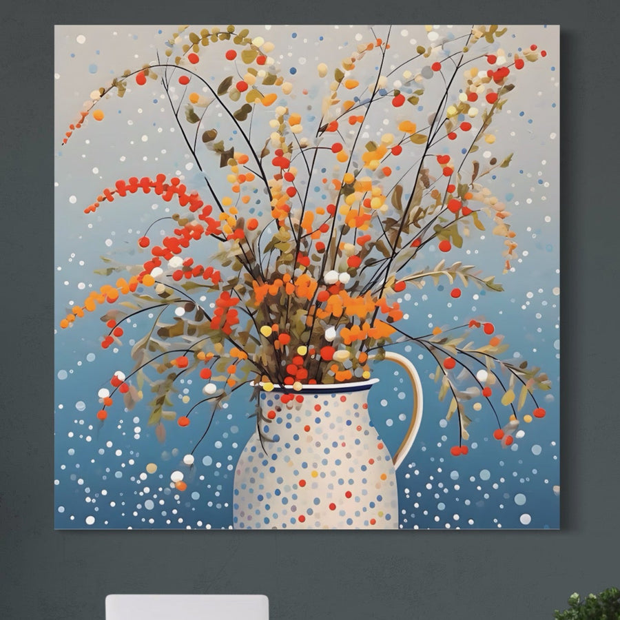 Tablou Canvas Premium LuxCanva® A1460: vaza albă cu buline colorate, plină de flori vibrante portocalii, galbene și roșii, pe fundal albastru cu buline albe. Ideal pentru living - decor primăvăratic de la LuxCanva®.