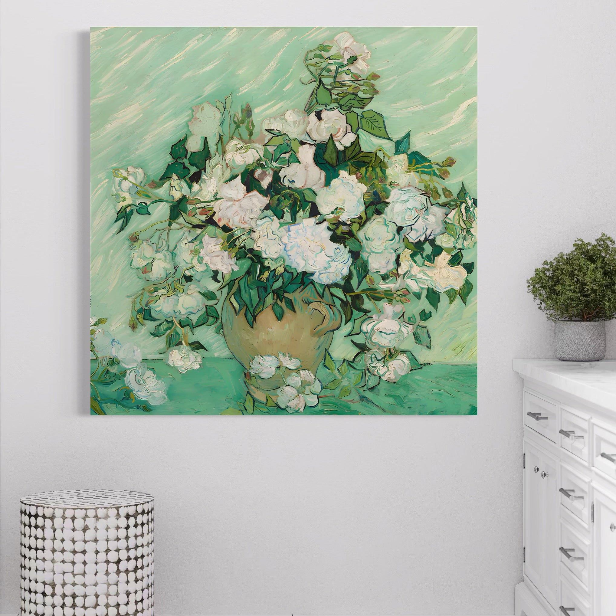 Tablou Canvas Premium LuxCanva® A1455, Trandafiri Albi , Living, Vaza, Flori, Planta, Decorativ, Alb, Culori Vibrante