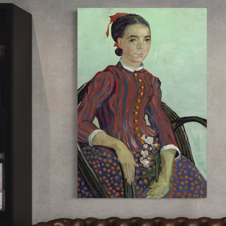 Tablou Canvas Premium LuxCanva® A1462, "La Mousme", înfățișează o femeie cu părul închis la culoare și o panglică roșie, într-o rochie colorată, așezată și ținând flori. Această operă de artă vibrantă Van Gogh aduce viață în orice cameră.