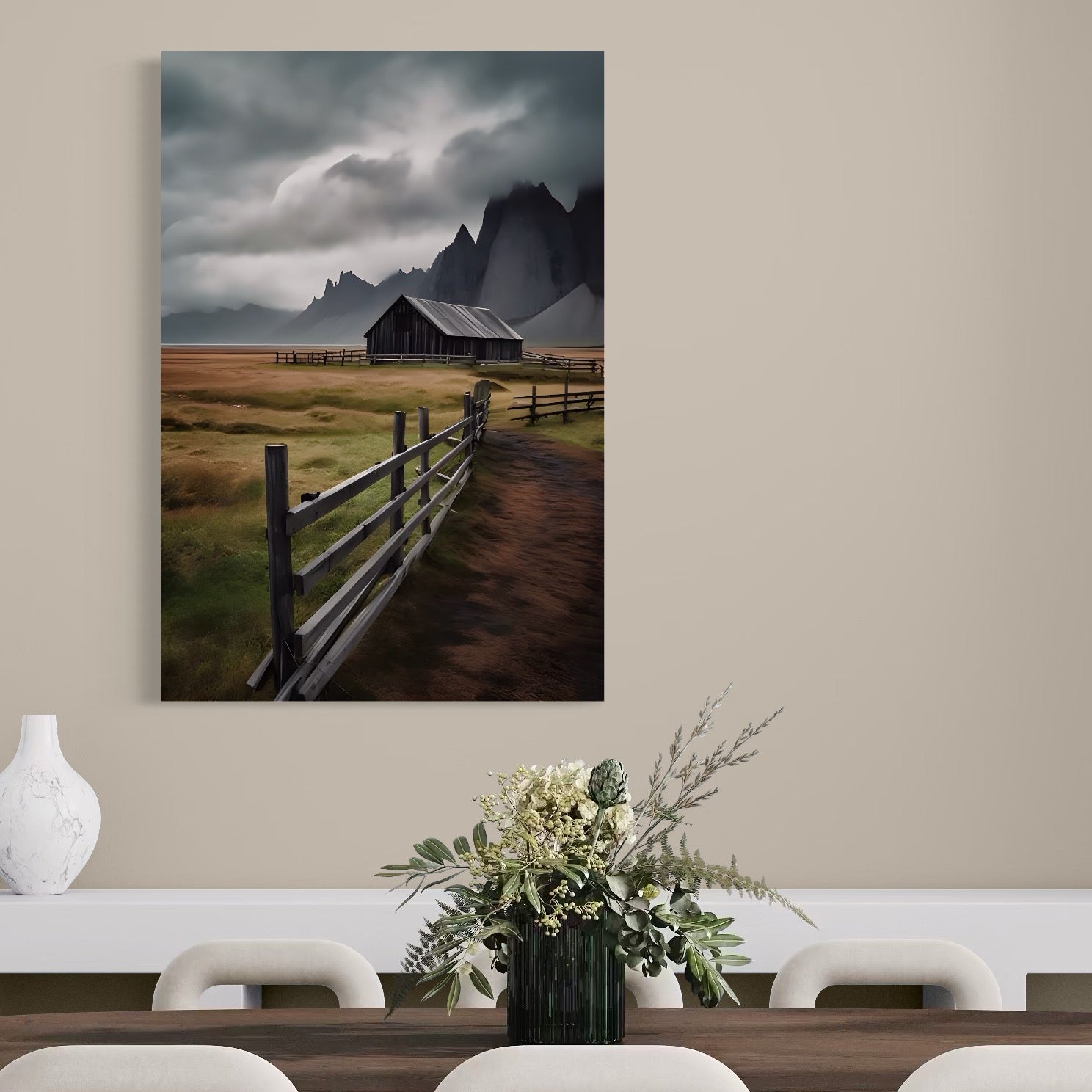 Tablou Canvas Premium LuxCanva® A1464, Langa Munti , Living, Casa, Peisaj, Gard, Decorativ, Culori Vibrante