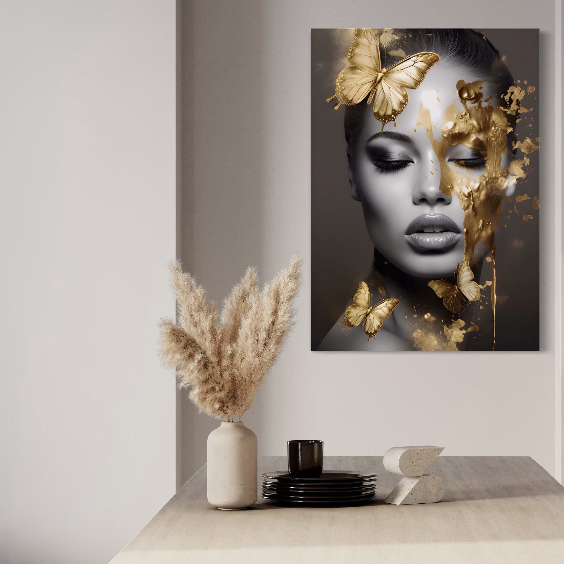 Tablou Canvas Premium LuxCanva® A1465, Vraja Fluturilor , Living, Femeie, Frumusete, Auriu, Decorativ, Culori Vibrante