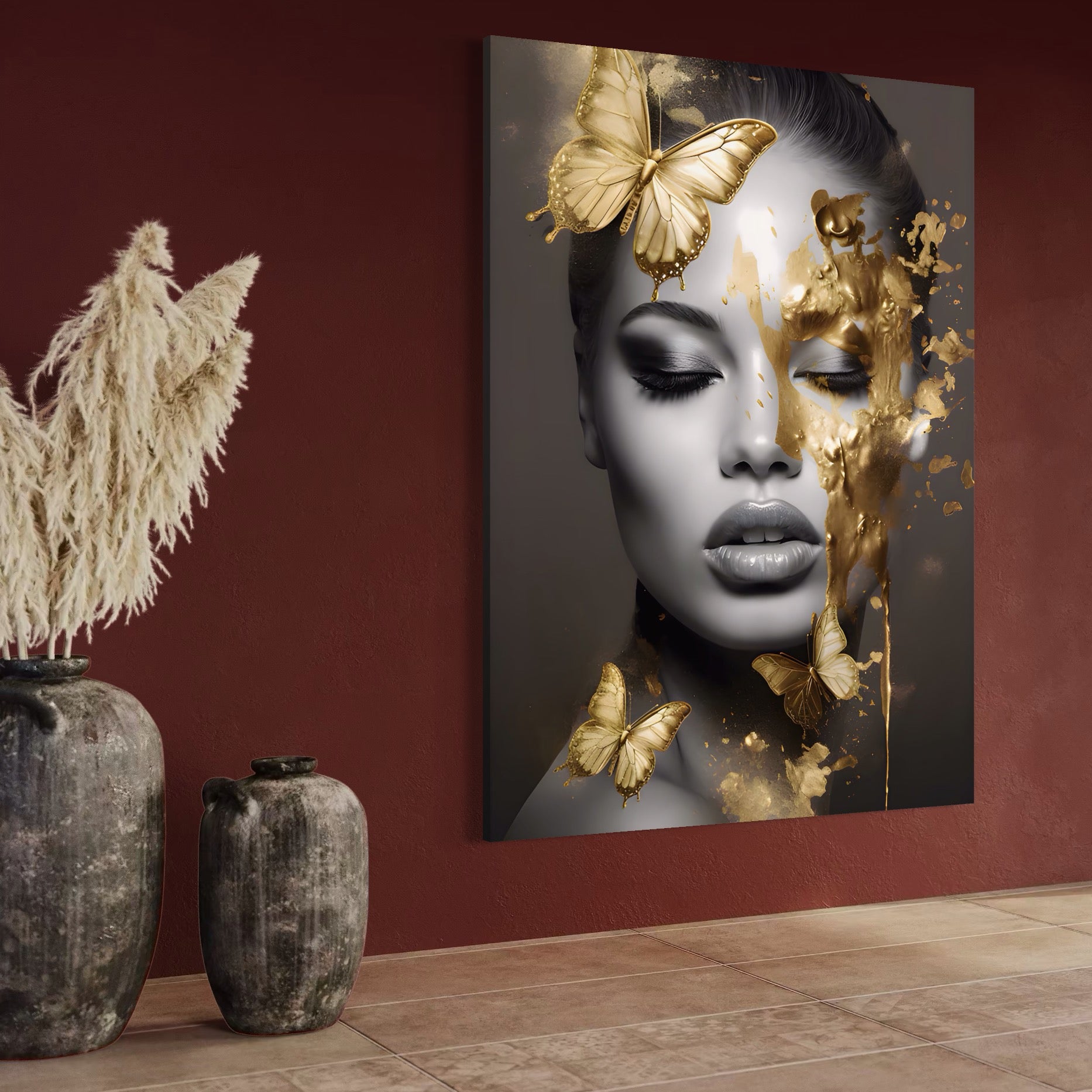 Tablou Canvas Premium LuxCanva® A1465, Vraja Fluturilor , Living, Femeie, Frumusete, Auriu, Decorativ, Culori Vibrante