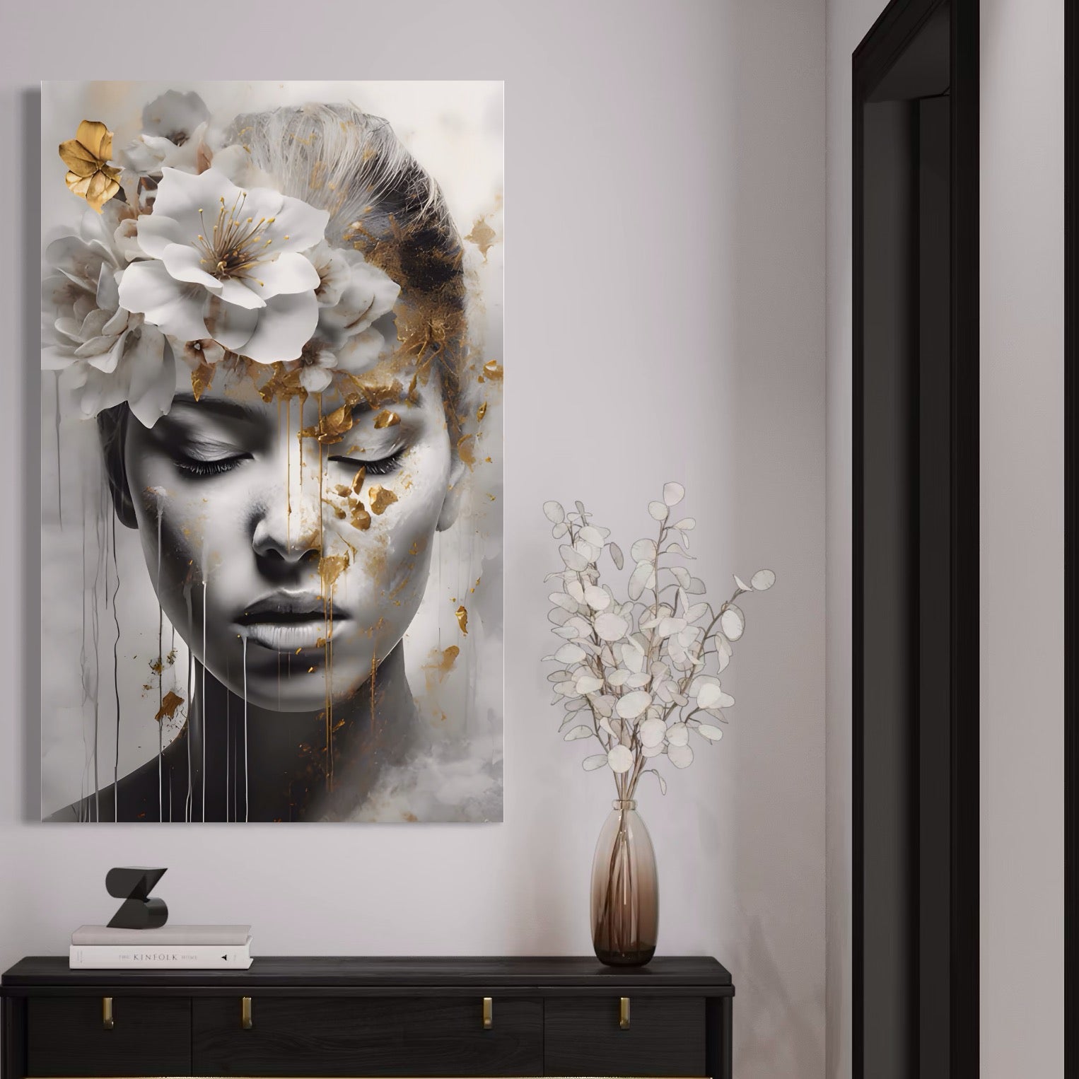 Tablou Canvas Premium LuxCanva® A1467, Chip Infloritor , Living, Fata, Flori, Linii Aurii, Decorativ, Room, Culori Vibrante