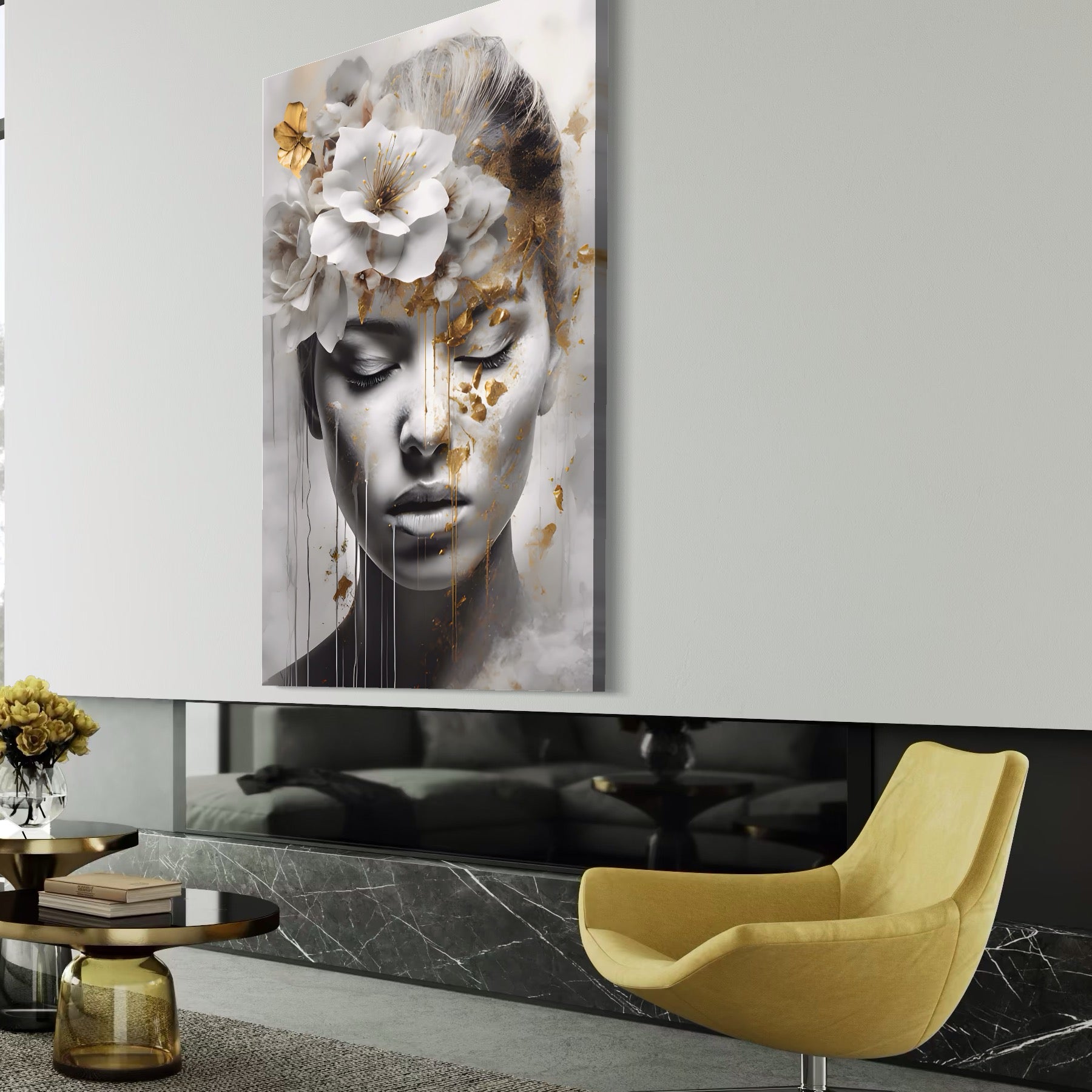 Tablou Canvas Premium LuxCanva® A1467, Chip Infloritor , Living, Fata, Flori, Linii Aurii, Decorativ, Room, Culori Vibrante