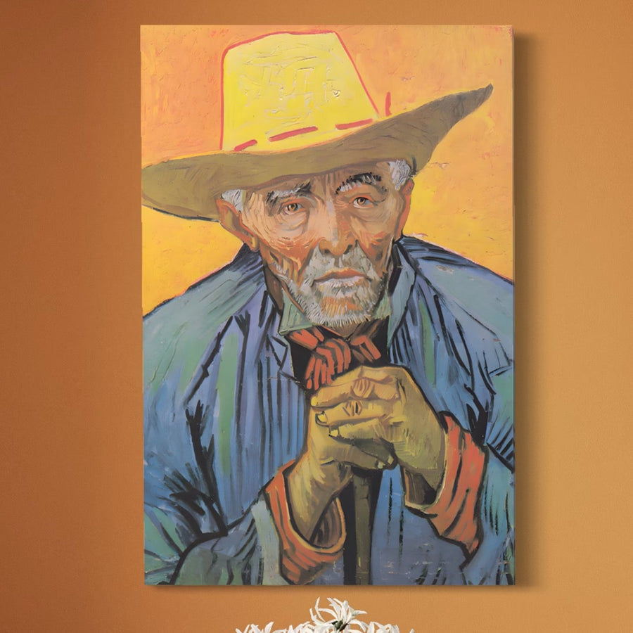 LuxCanva® Tablou Canvas Premium A1466 prezintă "Portrait Of Patience Escalier" de Van Gogh: un bărbat în vârstă cu pălărie galbenă, geacă albastră și eșarfă roșie pe un fundal cald - o operă de artă cu culori vibrante pentru spațiul dvs. de locuit.