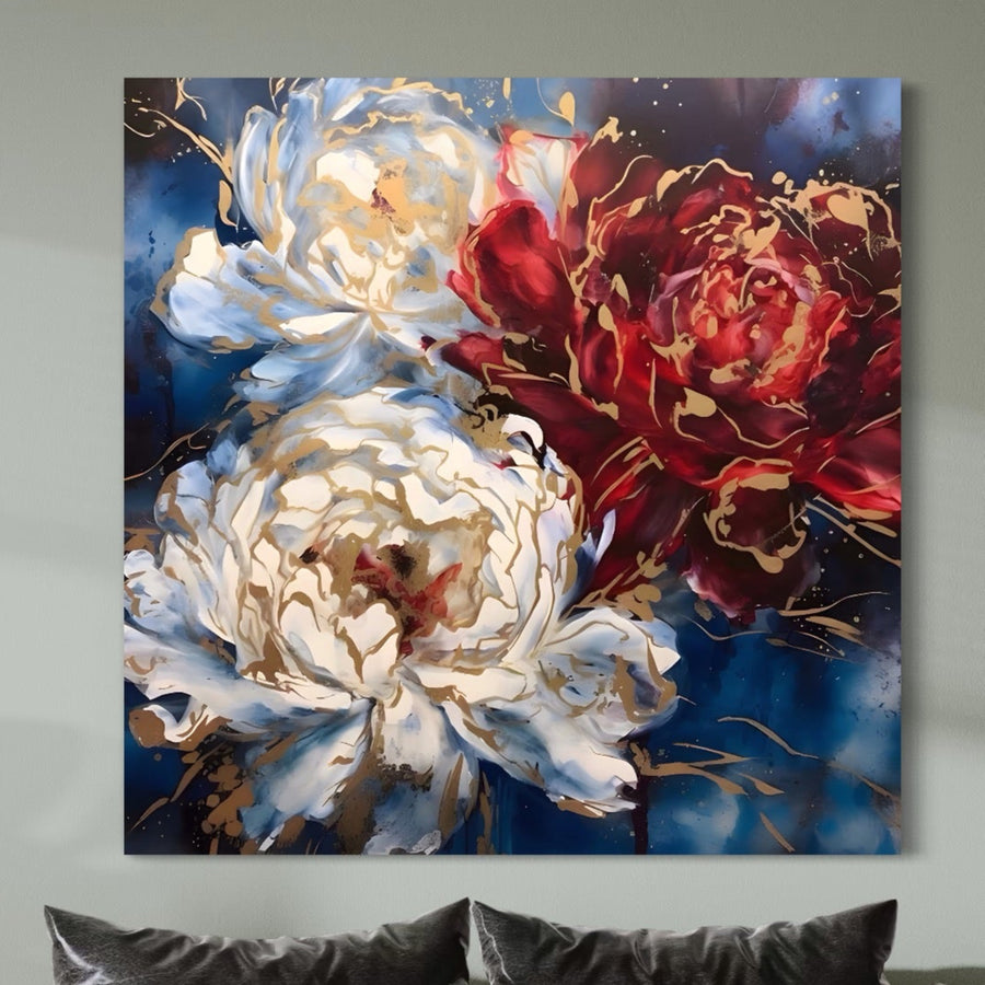 LuxCanva® Tablou Canvas Premium A1463 prezintă flori vibrante cu accente aurii pe un fundal albastru intens, adăugând eleganță deasupra unei canapele gri; printuri premium pe panza bumbac completează acest decor luxos.