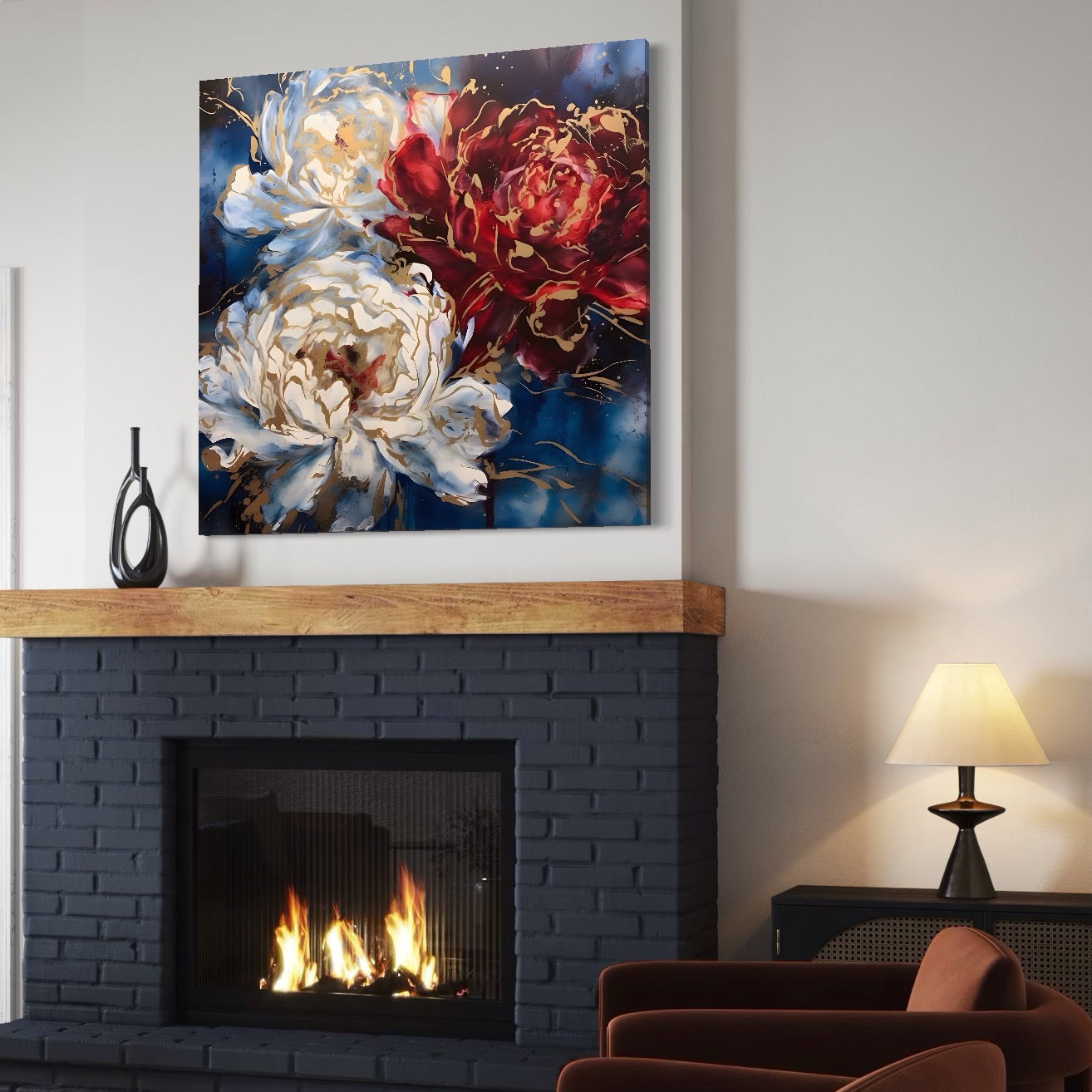 Tablou Canvas Premium LuxCanva® A1463, Linii Aurii , Flori, Trio, Foita De Aur, Room, Culori Vibrante