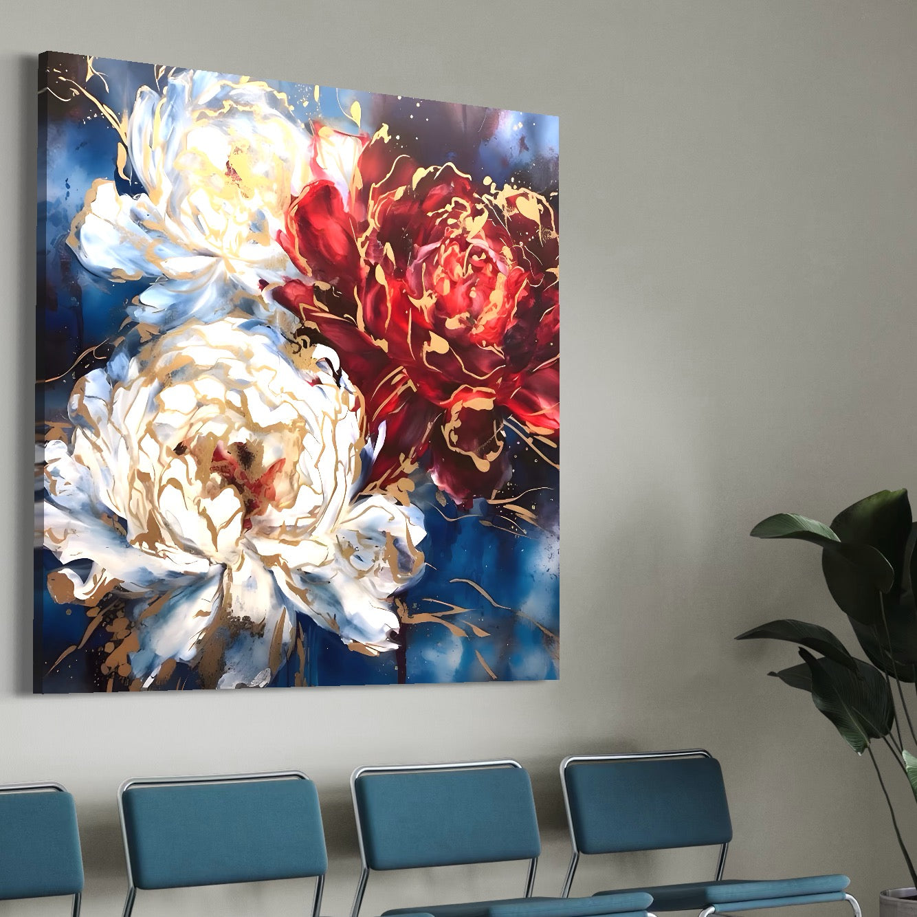 Tablou Canvas Premium LuxCanva® A1463, Linii Aurii , Flori, Trio, Foita De Aur, Room, Culori Vibrante