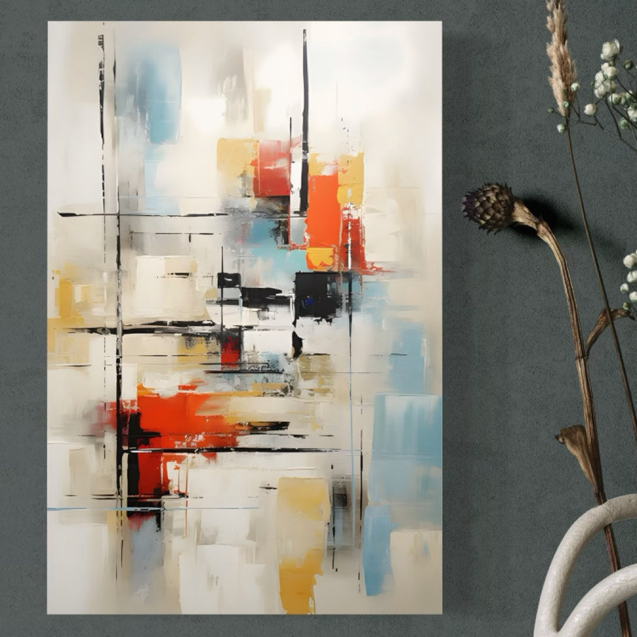 Tablou Canvas Premium LuxCanva® C1240 "Lines And Colours Abstract Painting" afișează forme îndrăznețe roșii, portocalii, galbene, albastre, negre și albe intersectate de linii - perfect pentru relaxarea vibrantă din camera de zi.