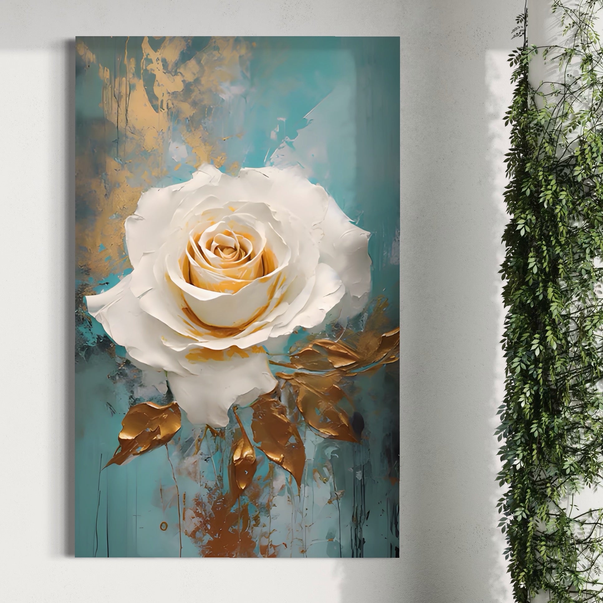 Tablou Canvas Premium LuxCanva® A1469, Trandafirul Alb ,  Room, Floare, Planta, Fir De Aur, Dormitor, Culori Vibrante