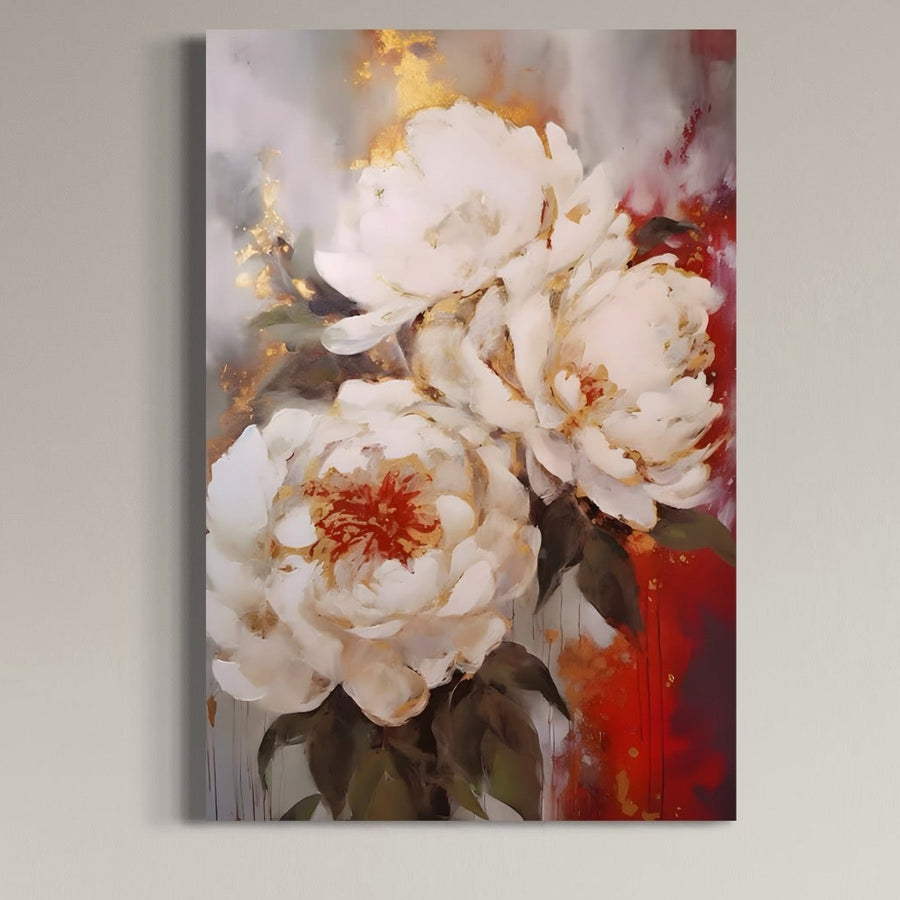 Tablou Canvas Premium LuxCanva® A1471 cu textura florala, bujori albi, plante si culori vibrante, ideal pentru dormitor. Print pe pânză bumbac, expus pe perete bej deschis. Brand: LuxCanva®.