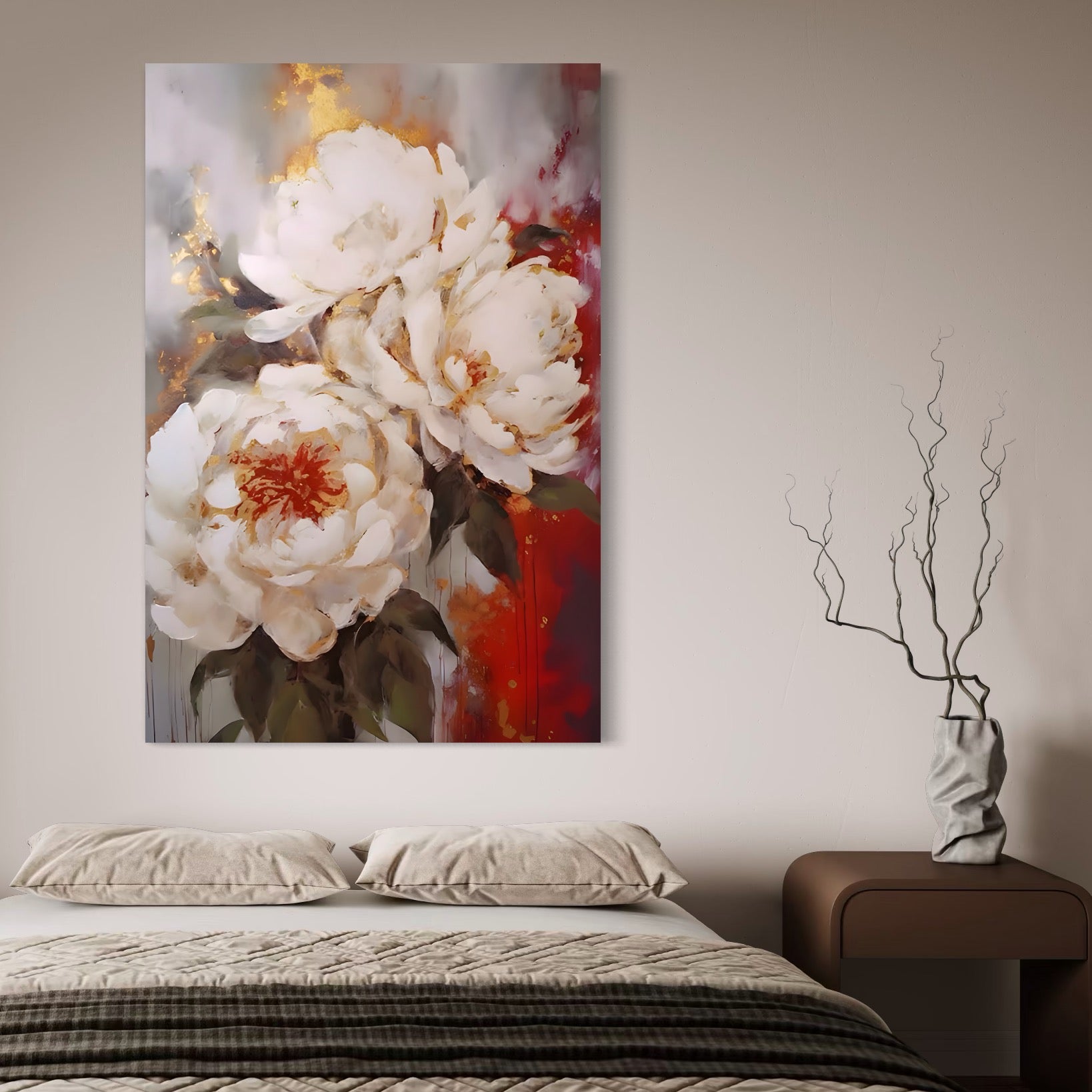 Tablou Canvas Premium LuxCanva® A1471, Textura Florala ,  Room, Planta, Bujor, Alb, Natura, Dormitor, Culori Vibrante