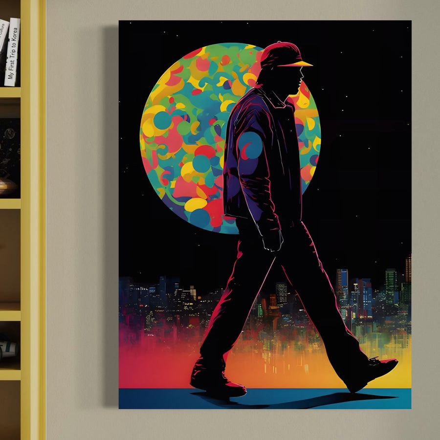 Tablou Canvas Premium LuxCanva® A1472 prezintă o scenă vibrantă sub lună: un bărbat care se plimbă în fața unui peisaj urban abstract și a unui cer gradient, cu culori bogate - perfect pentru relaxarea din dormitor. Design de calitate realizat de LuxCanva®.