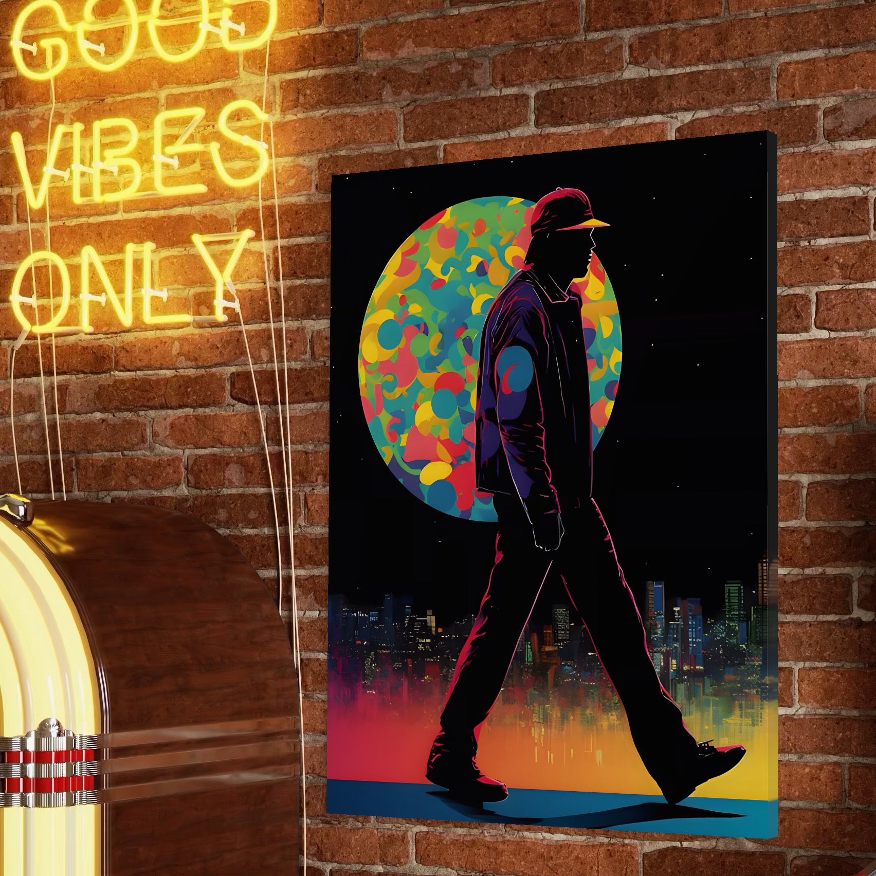 Tablou Canvas Premium LuxCanva® A1472, Sub Clar De Luna , Room, Oras, Barbat, Plimbare, Relaxare, Dormitor, Culori Vibrante