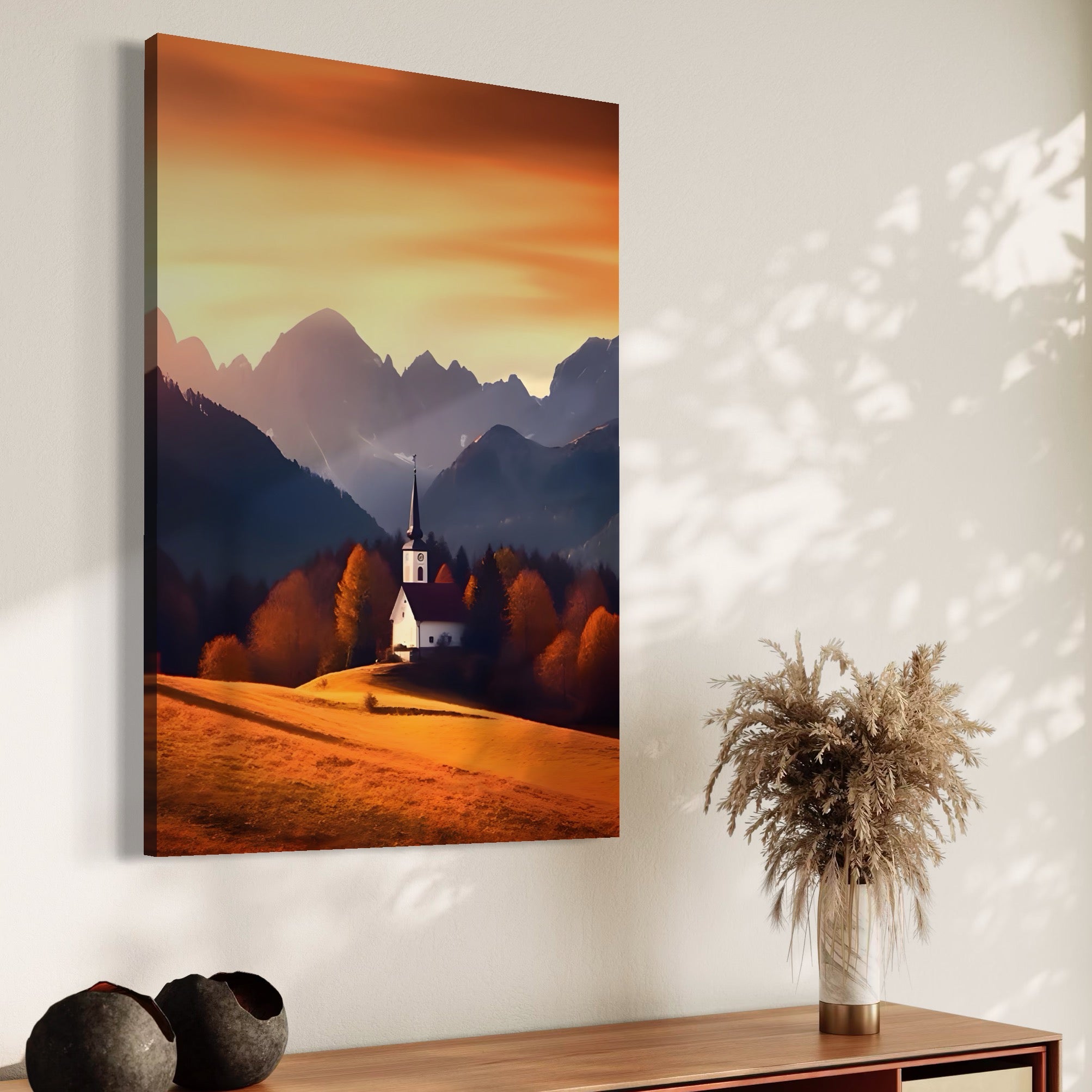 Tablou Canvas Premium LuxCanva® A1474, Biserica In Natura , Room, Padure, Campie, Apus, Liniste, Dormitor, Culori Vibrante