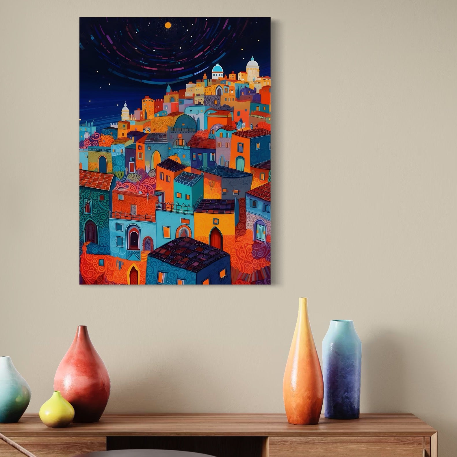 Tablou Canvas Premium LuxCanva® A1473, Oras Suspendat , Room, Cladiri, Luna, Arhitectura, Dormitor, Culori Vibrante