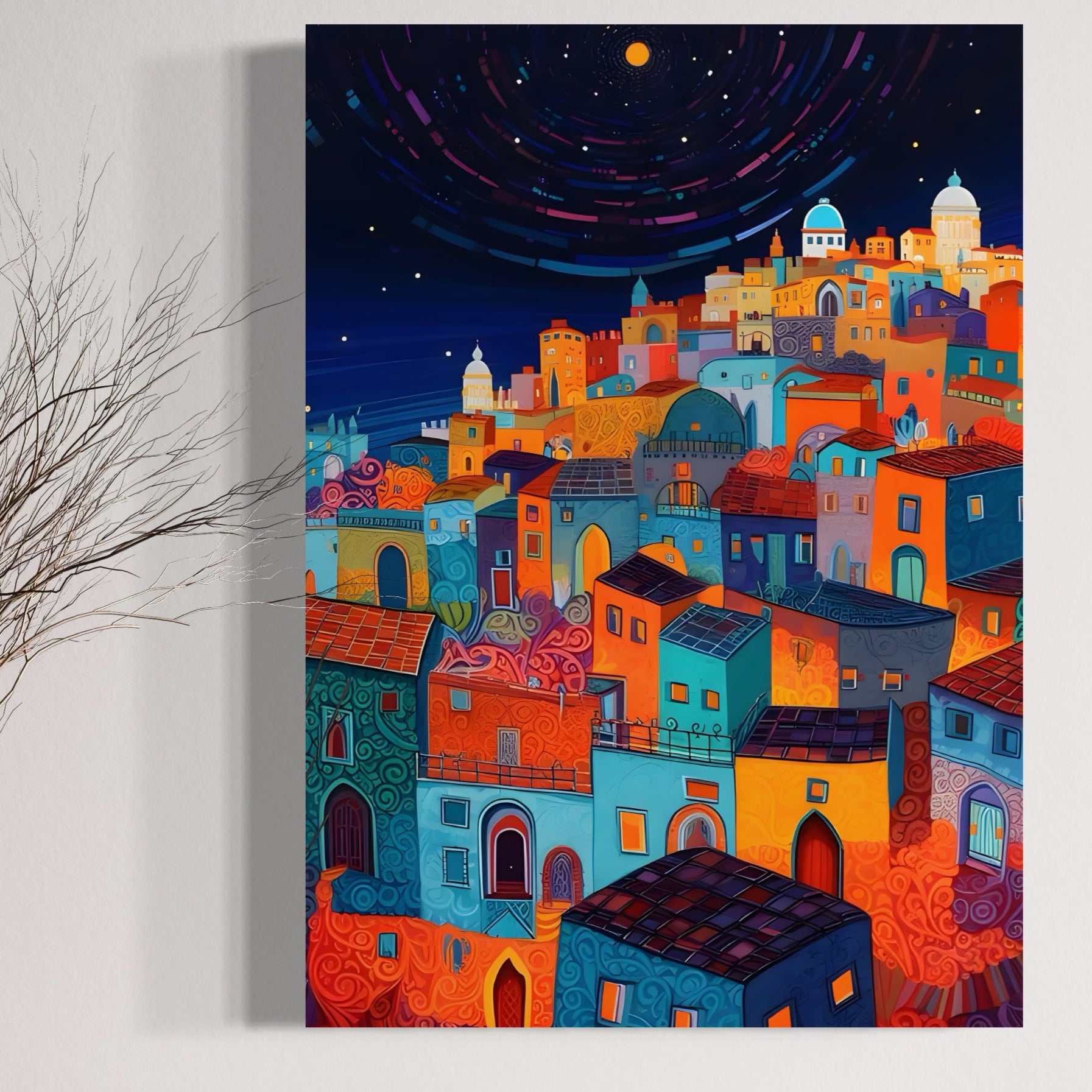 Tablou Canvas Premium LuxCanva® A1473, Oras Suspendat , Room, Cladiri, Luna, Arhitectura, Dormitor, Culori Vibrante