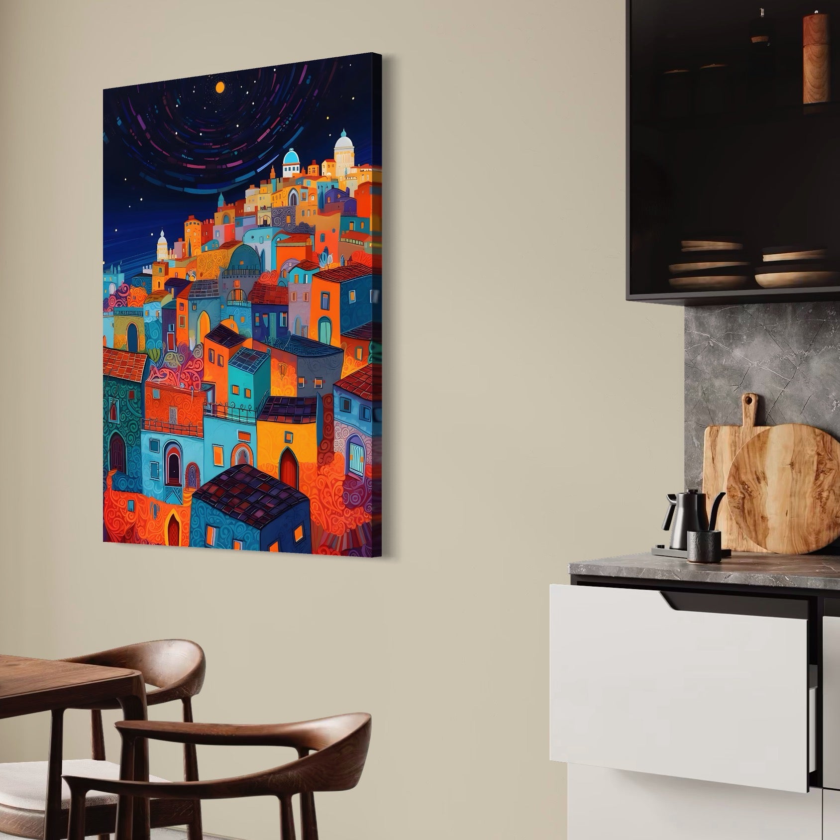 Tablou Canvas Premium LuxCanva® A1473, Oras Suspendat , Room, Cladiri, Luna, Arhitectura, Dormitor, Culori Vibrante