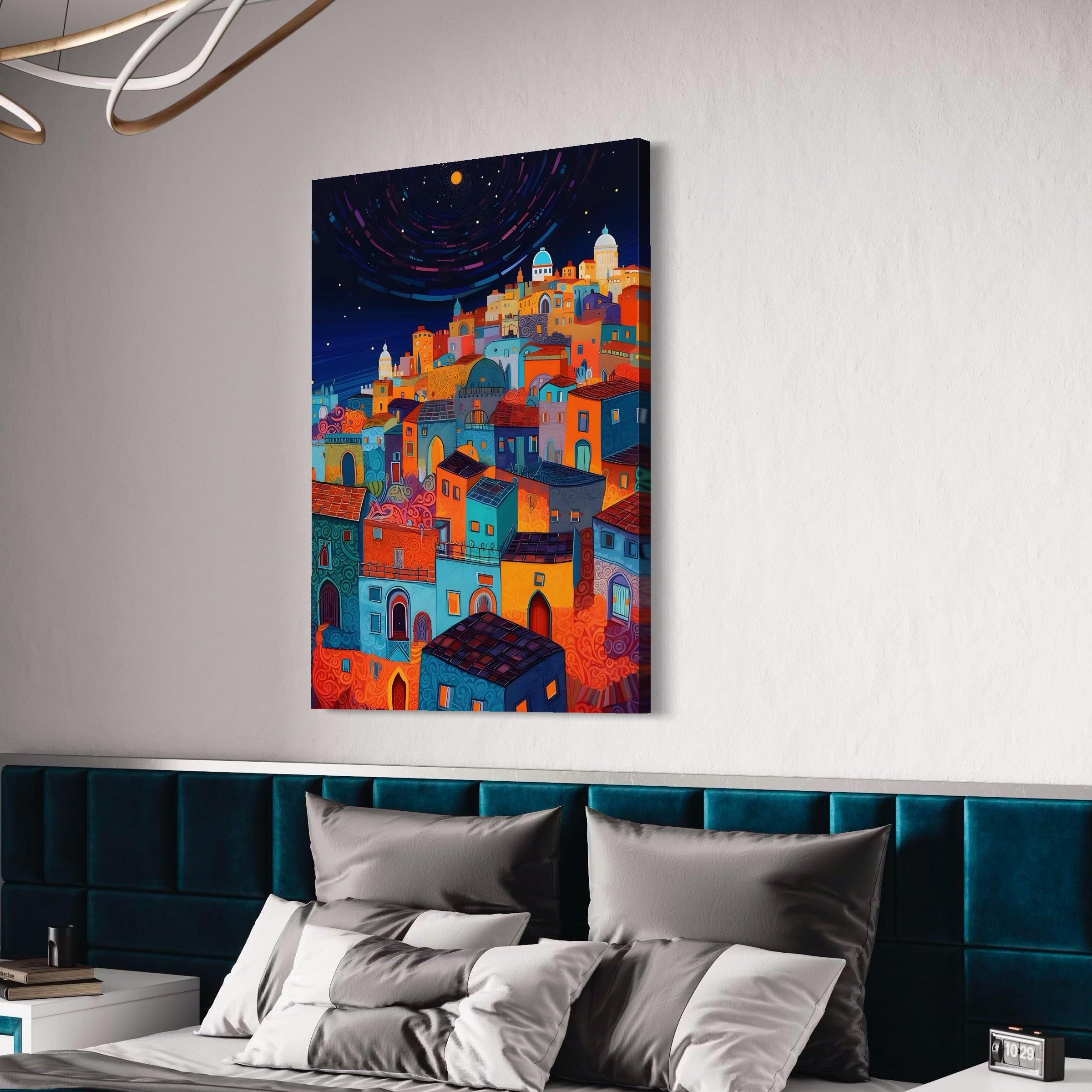 Tablou Canvas Premium LuxCanva® A1473, Oras Suspendat , Room, Cladiri, Luna, Arhitectura, Dormitor, Culori Vibrante