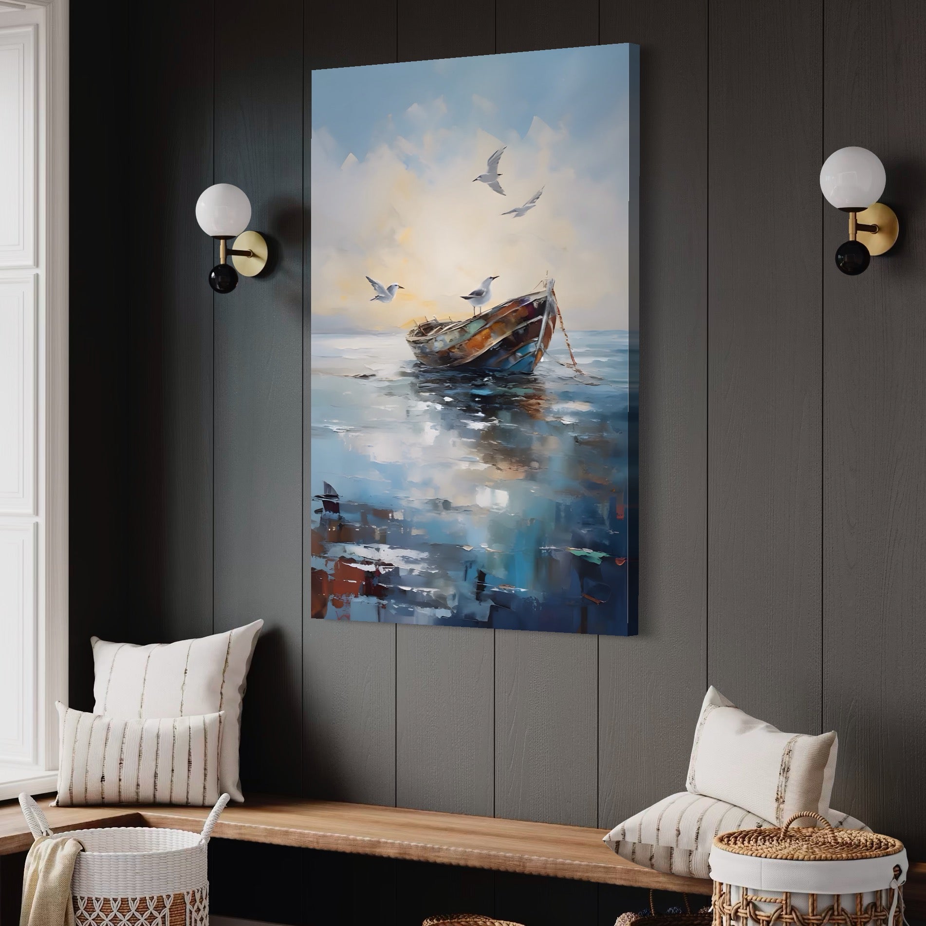 Tablou Canvas Premium LuxCanva® A1482, Pescarusul , Living, Barca, Mare, Pasari, Dormitor, Culori Vibrante