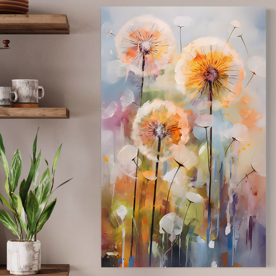 Pânza LuxCanva® Tablou Premium LuxCanva® A1479 prezintă păpădii florale vibrante cu petale albe și portocalii, așezate pe un fundal pastel - perfect pentru a adăuga farmec oricărui spațiu de locuit.