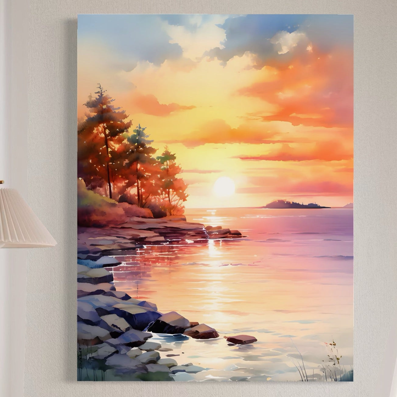 Tablou Canvas Premium LuxCanva® A1480, Picaturi De Apus , Living, Peisaj, Copaci, Stanci, Apa, Room, Culori Vibrante